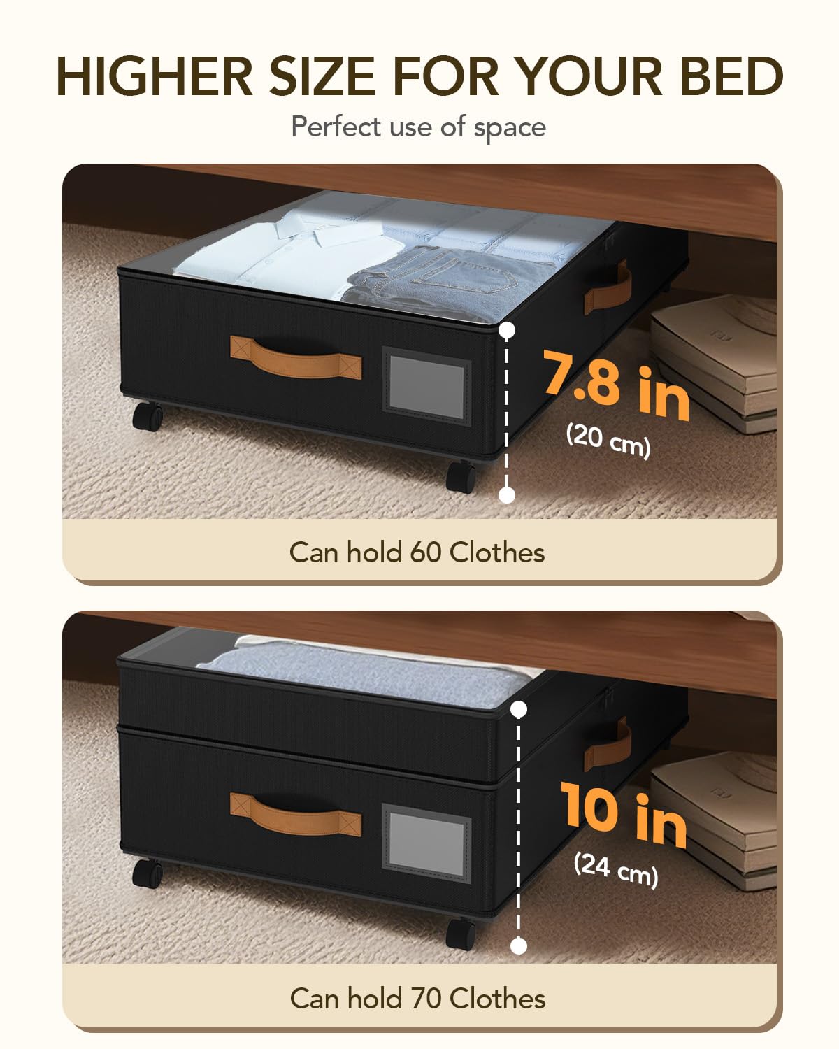 Megapuxin Under Bed Storage with Wheels, 10 inches Under Bed Storage Containers, 65L XXL Large Adjustable Underbed with Lids, Rolling Underbed Storage bins for Shoes, Clothes, Blankets, Black