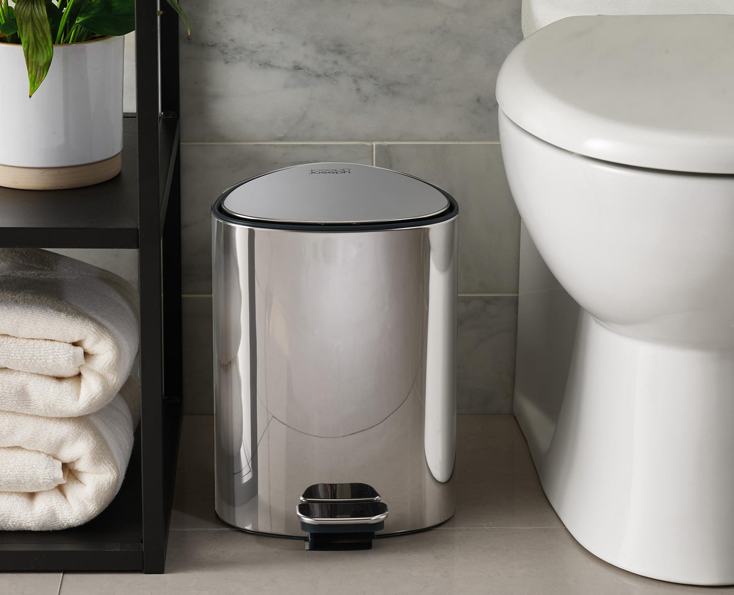Joseph Joseph EasyStore Luxe Stainless Steel 5 Liter Pedal/1.3 Gallon Trash Can with Bin Liner Storage, Soft-Close Lid, Removable Inner Bucket, for Bathroom, Bedroom, Office