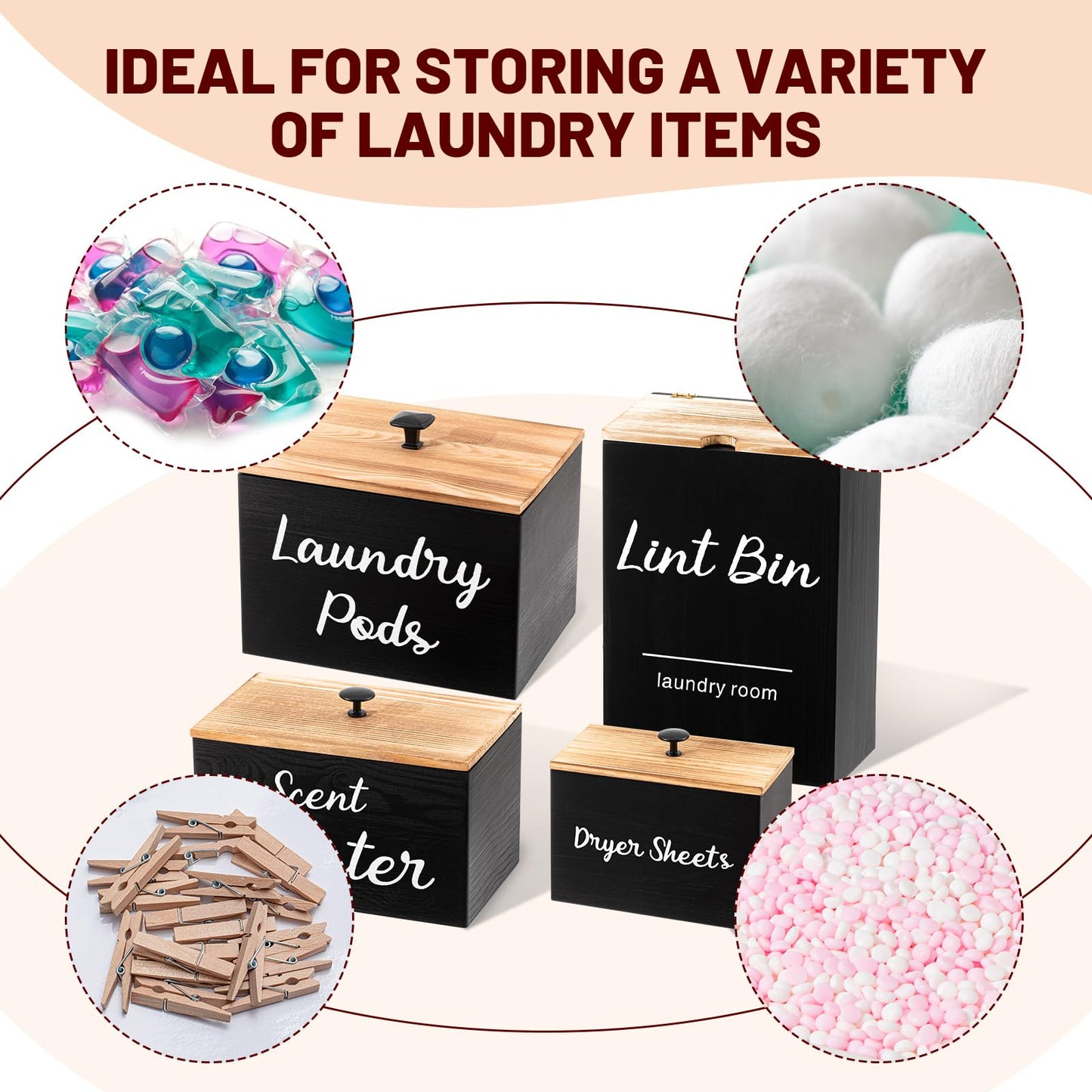Dandat 4 Pcs Magnetic Laundry Room Organization and Storage Set, Lint Bin with Scoop and Brush Dryer Sheet Holder Laundry Pod Holder Scent Booster Container, Wood Farmhouse Room Container Gift(Black)