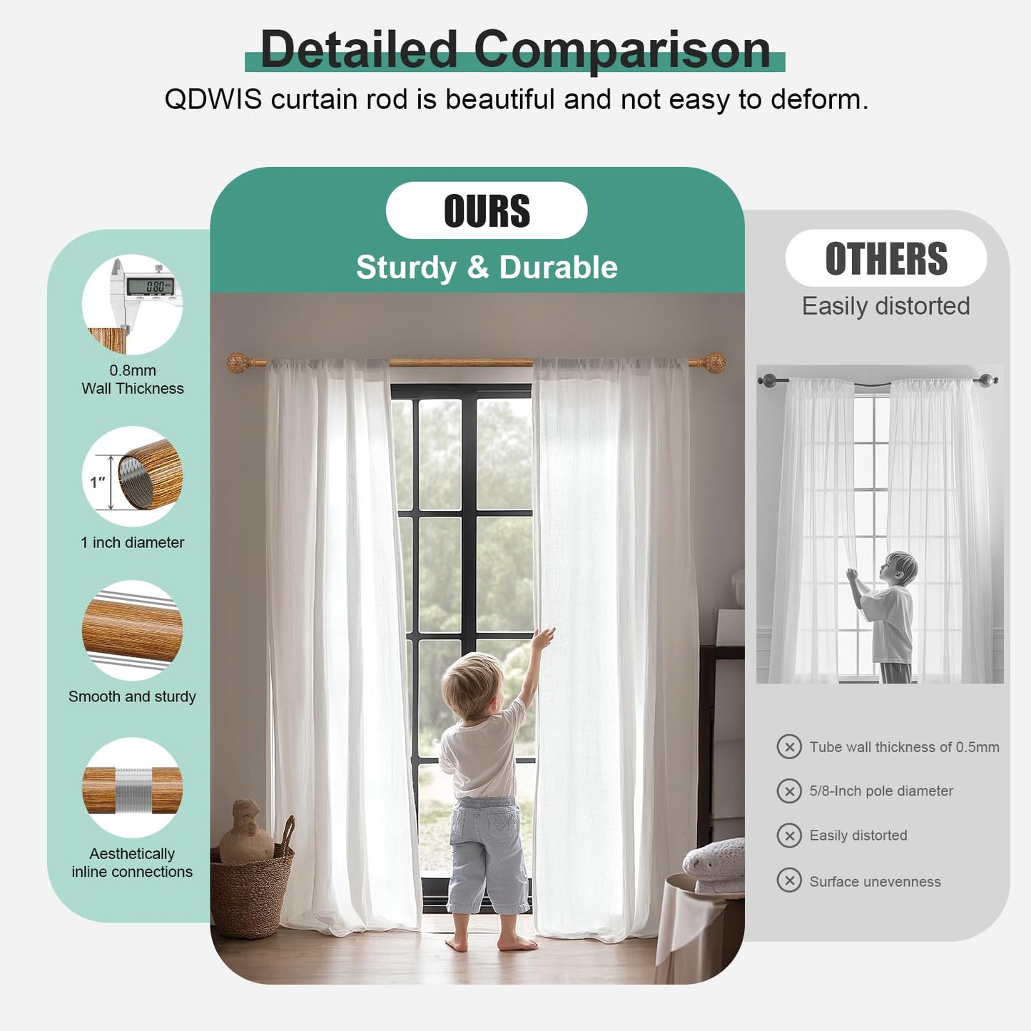 QDWIS Boho Wood Curtain Rods for Windows 66 to 120 inch,1" Adjustable Heavy Duty Window Curtain Rod with Imitation Wood Grain Finials,Rustic Decorative Drapery Rods Set,Size:36-120'',Natural Wood