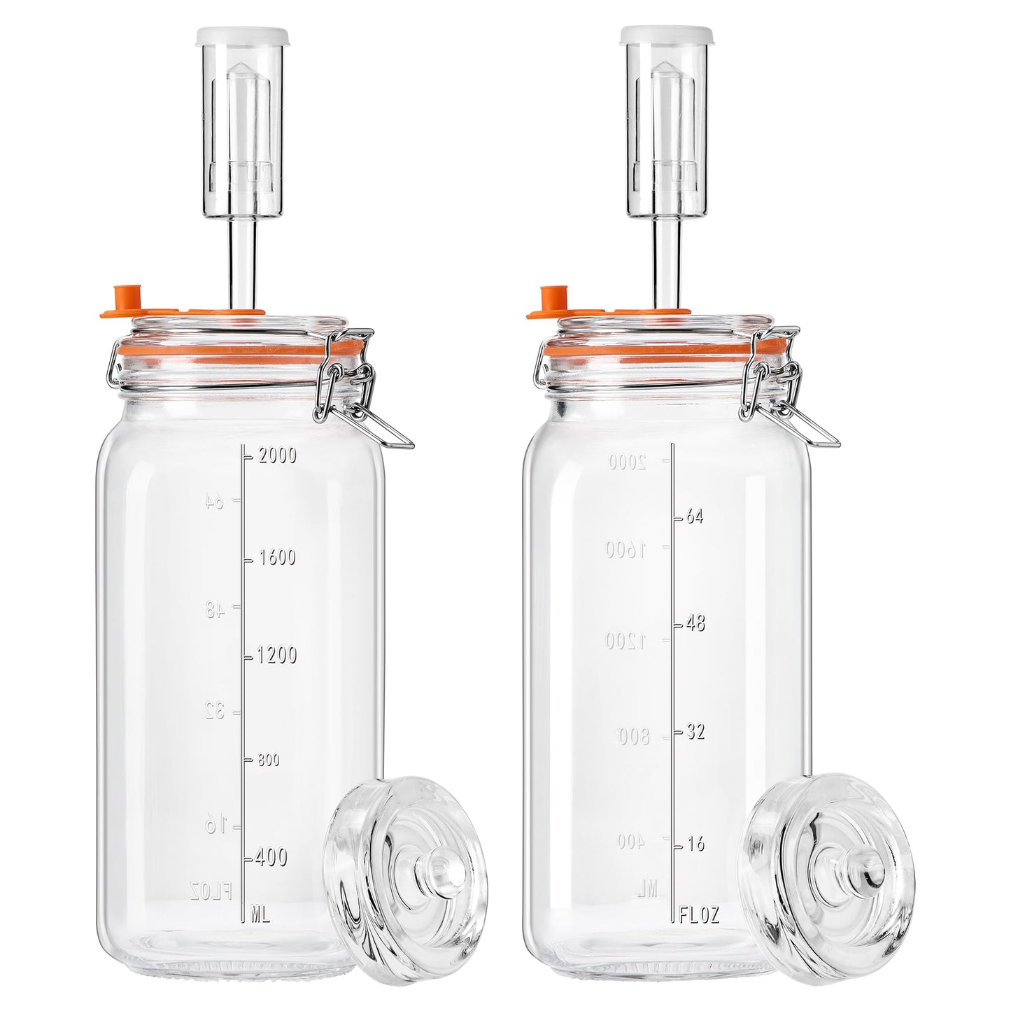 JILLMO Wide Mouth Glass Fermentation Jar with Airlock & Glass Weight, 2L (64oz) Fermenting Jar for Sauerkraut, Kimchi, Pickles & More,Pack of 2