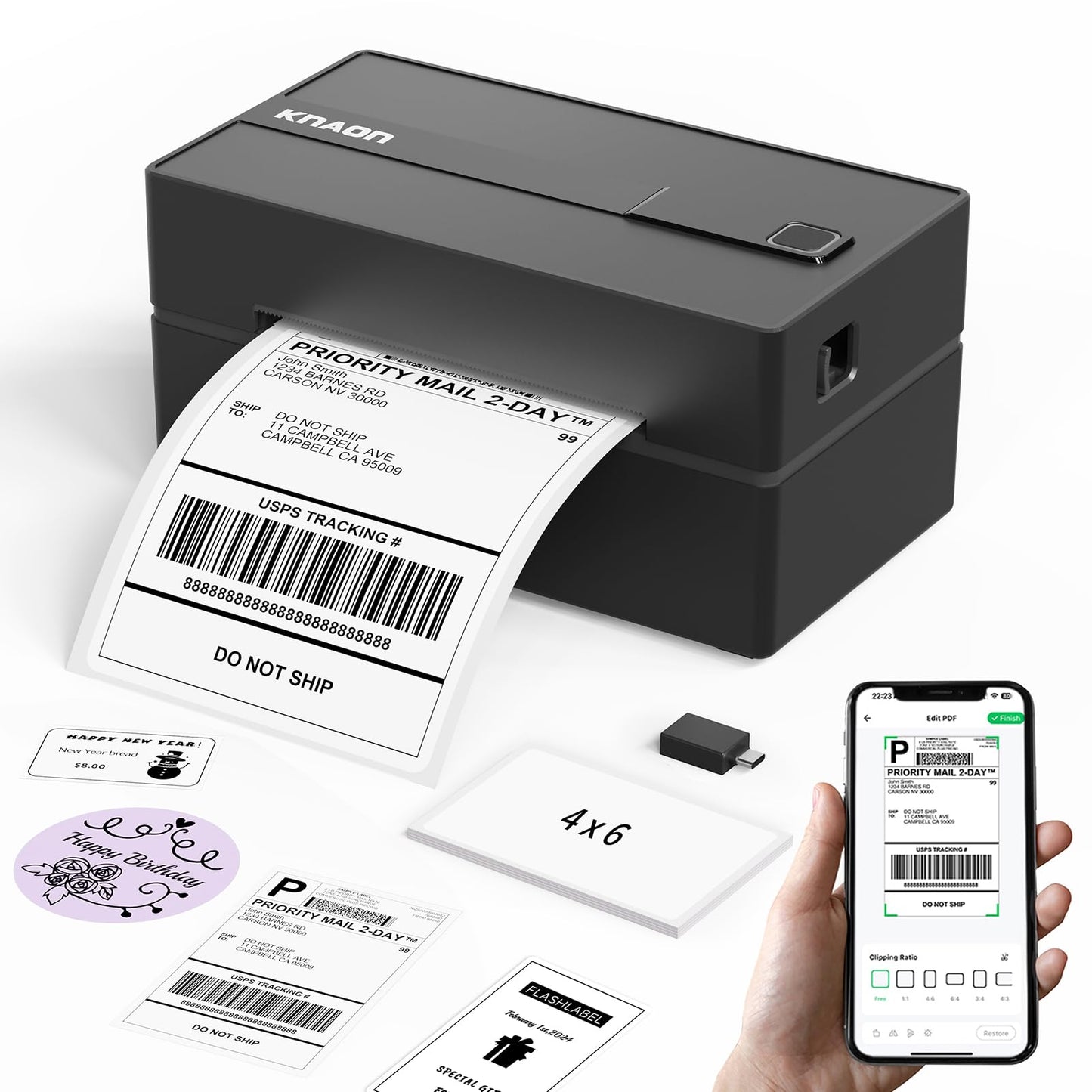 KNAON Bluetooth Thermal Shipping Label Printer, 4x6 Portable Thermal Address Label Printer for Small Business, Compatible with iPhone,Android,Windows,Mac,–Works with Etsy Shopify USPS&More, Black