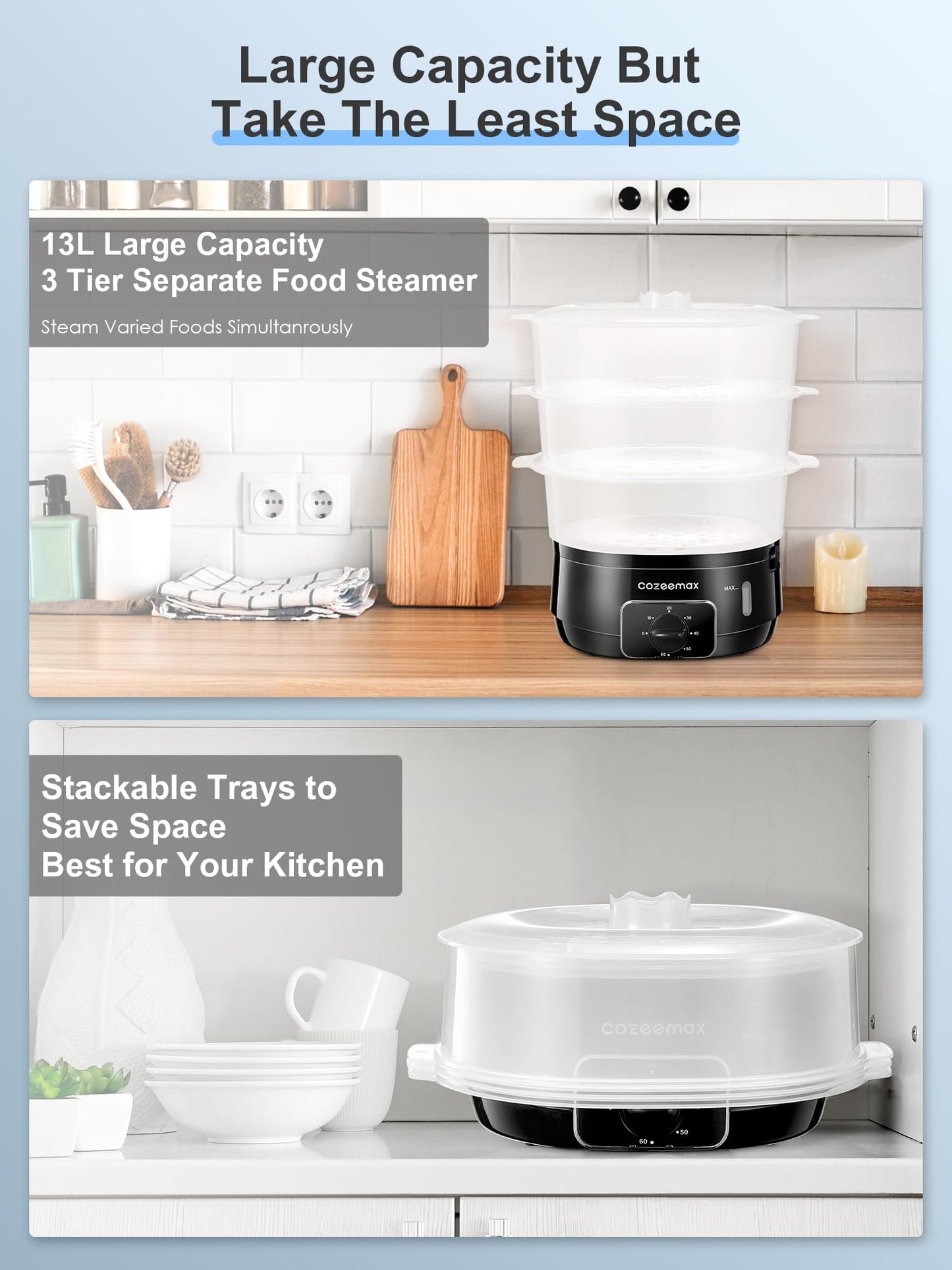 Cozeemax 3 Tier Electric Food Steamer for Cooking, 13.7QT Vegetable Steamer for Fast Simultaneous Cooking, Veggie Steamer, Food Steam Cooker, 60 Minute Timer, BPA Free Baskets, 800W(Black)