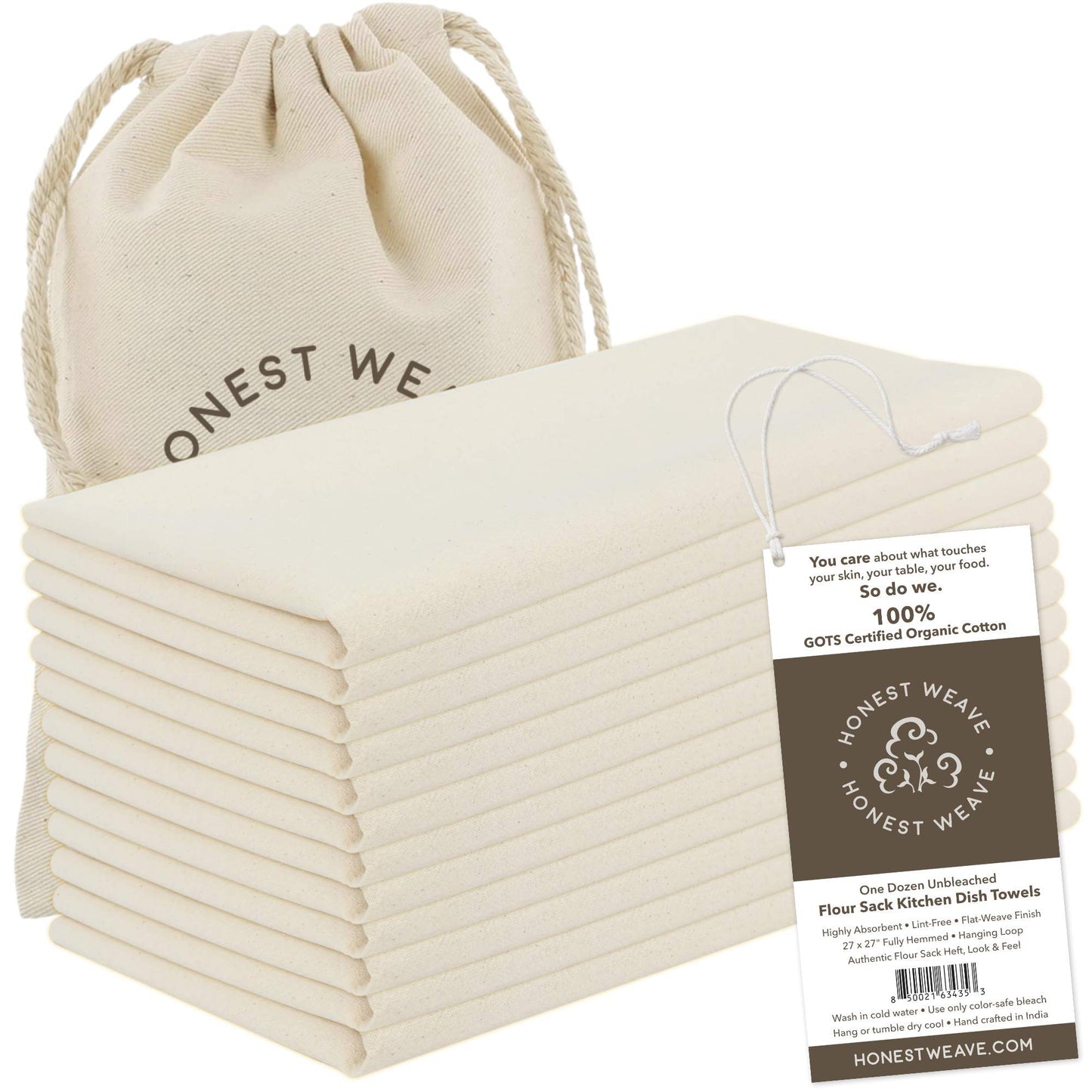 HONEST WEAVE GOTS Certified 100% Organic Flour Sack Cotton Kitchen Hand and Dish Towel Sets - Extra Large 27x27 inches, Fully Hemmed, 12-Pack, Natural Tan