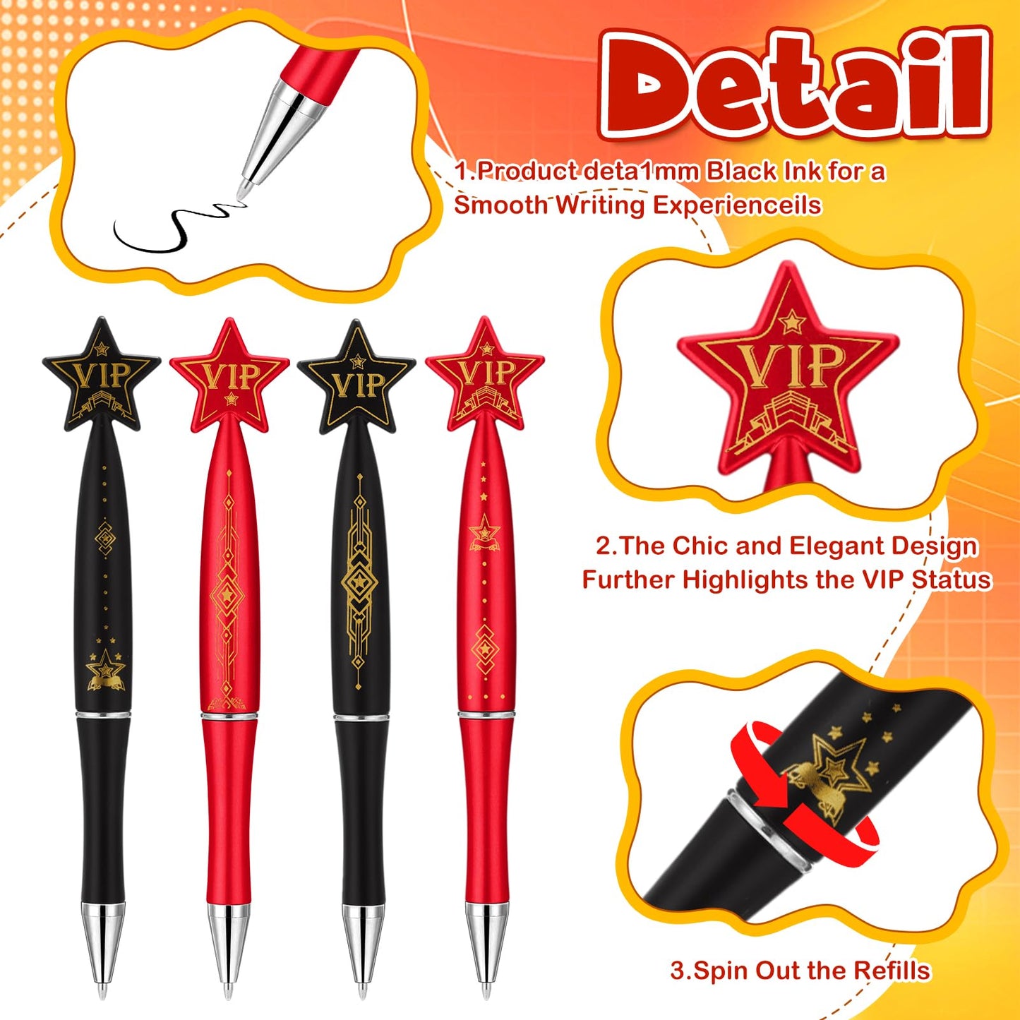 Dispowreath 72 Pcs VIP Pens Bulk Red and Black Star Ballpoint Pens Red Carpet VIP Party Favors for Concert Movie Night Award Event Birthday Festivals Party Decorations, 1 mm Black Ink