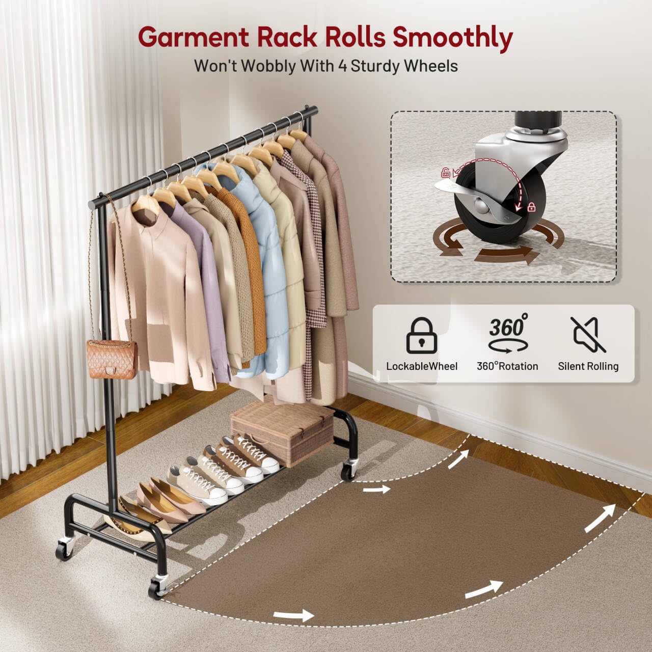 SLEEPING LAMB Heavy Duty Clothing Racks for Hanging Clothes Rack, 43" Wide Rolling Garment Rack Metal Clothing Hanger Rack with Wheels Wardrobe Rack for Coats, Shirts, Dress, (Black)