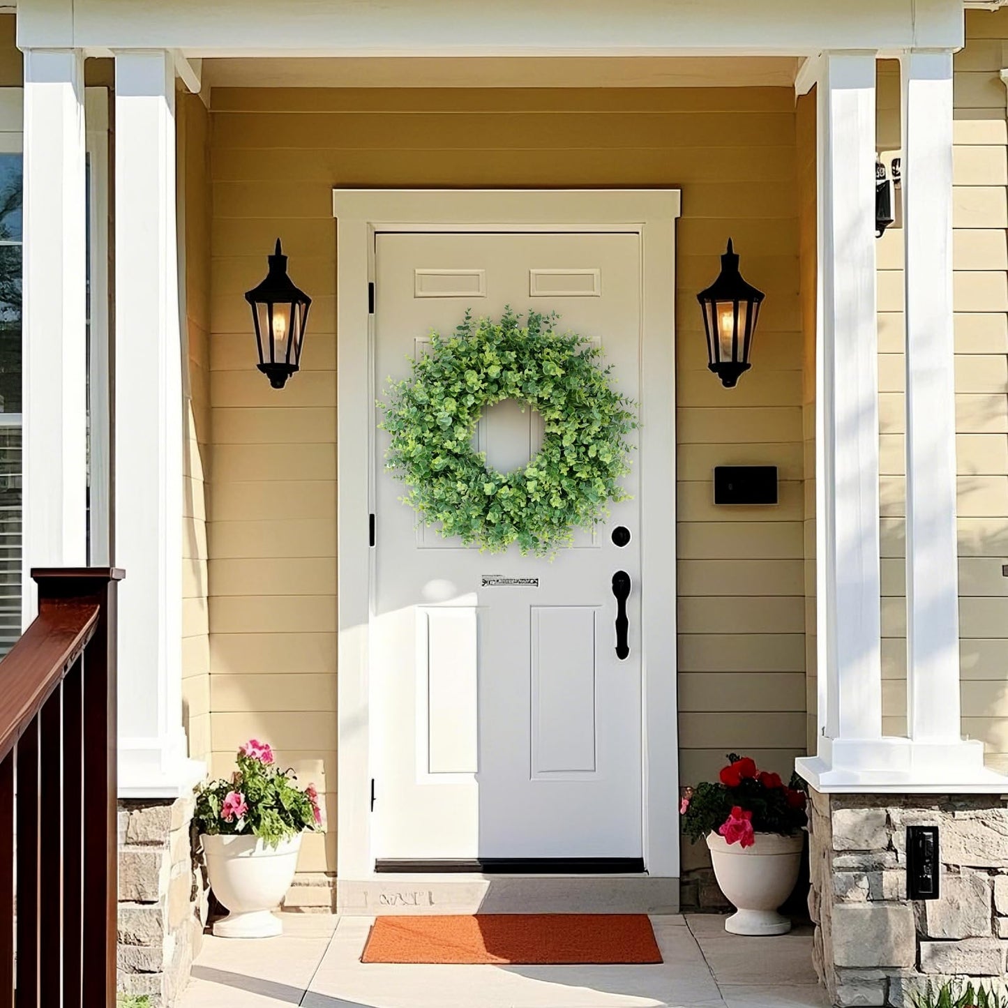 26" Eucalyptus Wreath for Front Door, Porch, Window - Large Artificial Eucalyptus Leaves Greenery Outdoor Wreath for Home, Farmhouse Decor - Spring, Summer, Fall, All Seasons (Green)