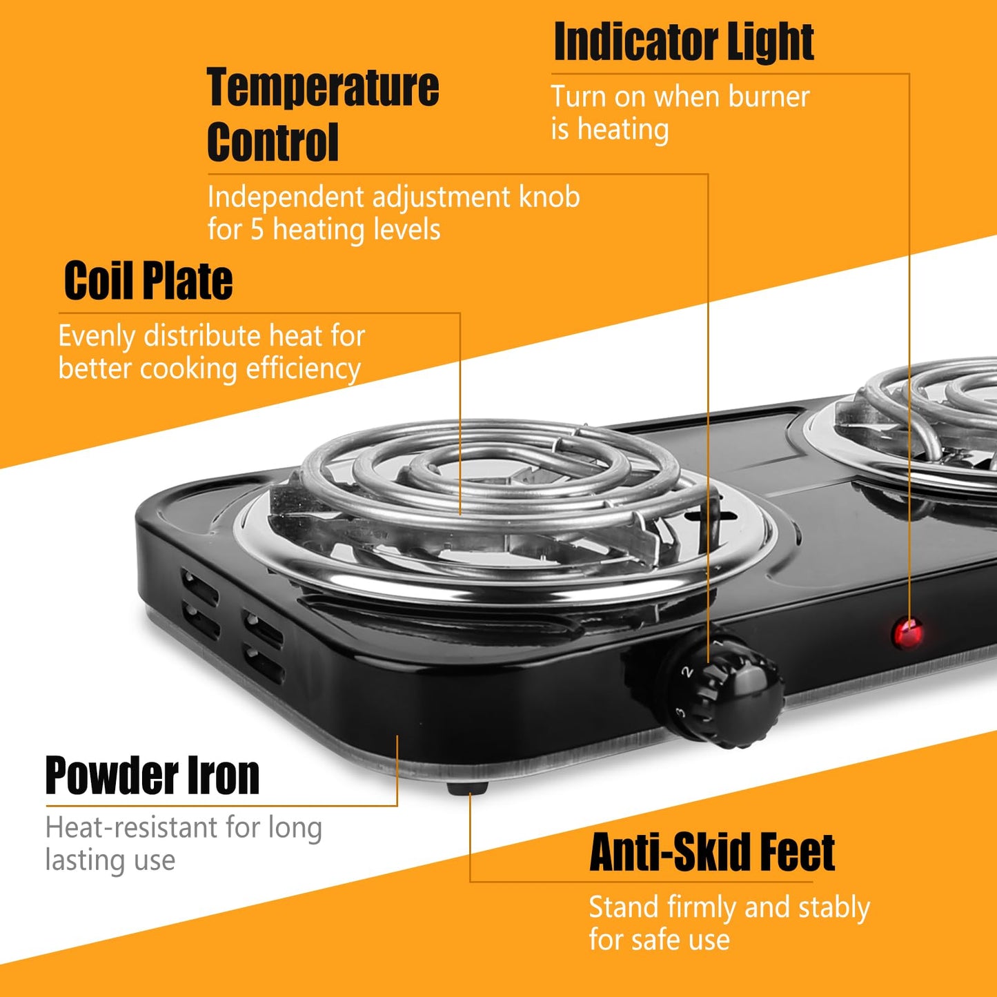 Electric Charcoal Burner Stove, 500W Single Coil Hot Plate Starter with Grill Tongs, 5-Level Temp, Smart Heat Control & Stainless Steel Fast Heating for Cooking top Countertop (3890 Double Black)