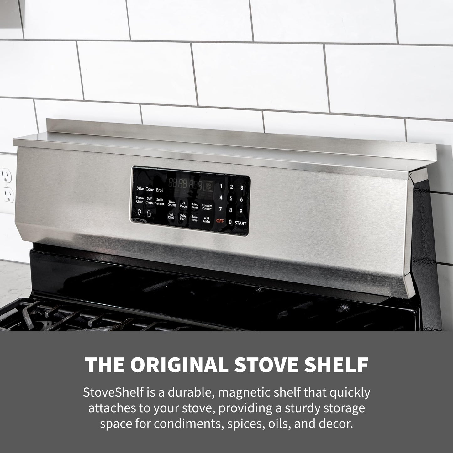 StoveShelf 30" Length Stainless Steel Finish Magnetic Shelf for Kitchen Stove - Kitchen Storage Solution with Zero Installation - Over Stove Spice Rack Organizer