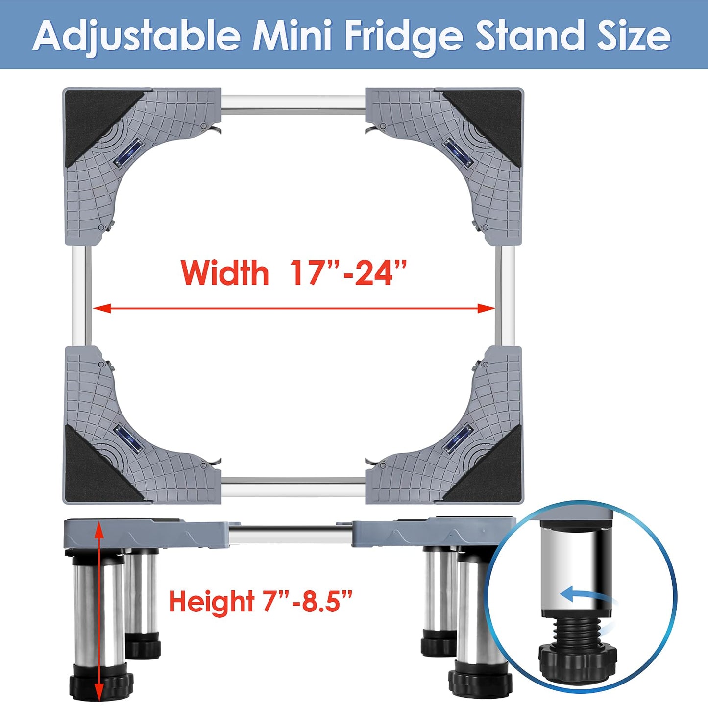 Mini Fridge Stand with 23.6'' x 23.6'' Silicone Mat, 7"-8.5" High Adjustable Small Refrigerator Stand with 4 Stainless steel Feet, Mini Refrigerator Stand with Mat Portable Washer and Dryer Pedestal