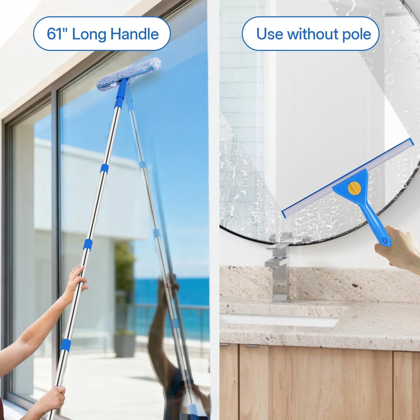 Window Cleaning Kit with Bucket 3 Gallon, 14" Window Squeegee and 15" Scrubber with 61" Long Handle, Professional Window Washing Equipment Cleaner Tool for Home Outdoor Commercial Use