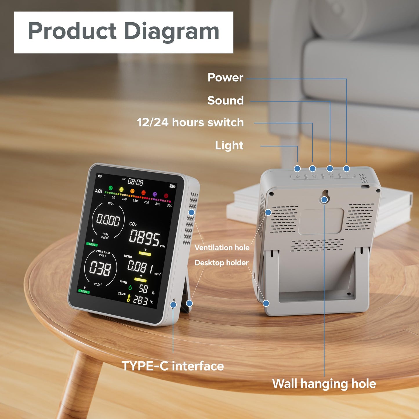 16 in 1 Air Quality Monitor Indoor-Portable Indoor Air Quality Meter with 7AQI Beep Alarm,for CO2,HCHO,TVOC,PM2.5, PM1.0,PM10,AQI,Temperature,Humidity & Time Display (Grey)