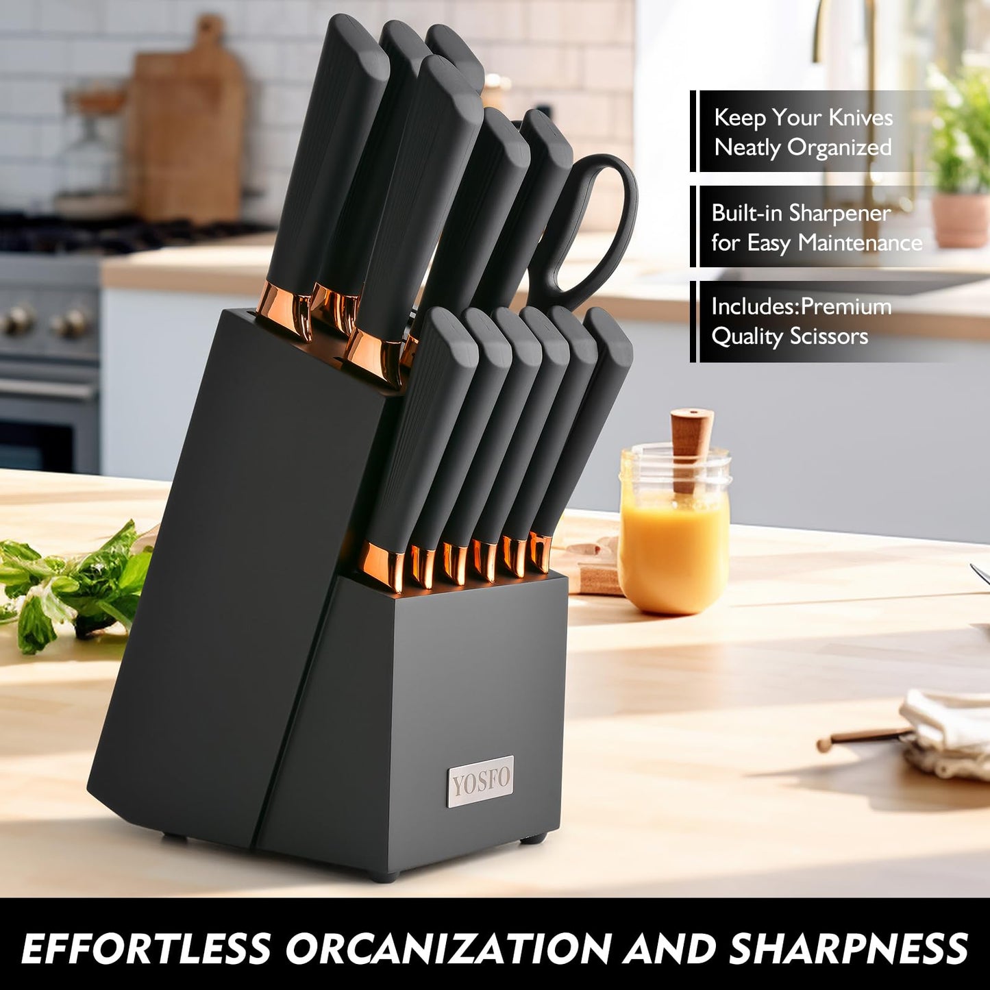 YOSFO Kitchen Knife Set,15 Pcs Knife Set with Block and Sharpener,High Carbon Stainless Steel Ultra Sharp,Dishwasher Safe