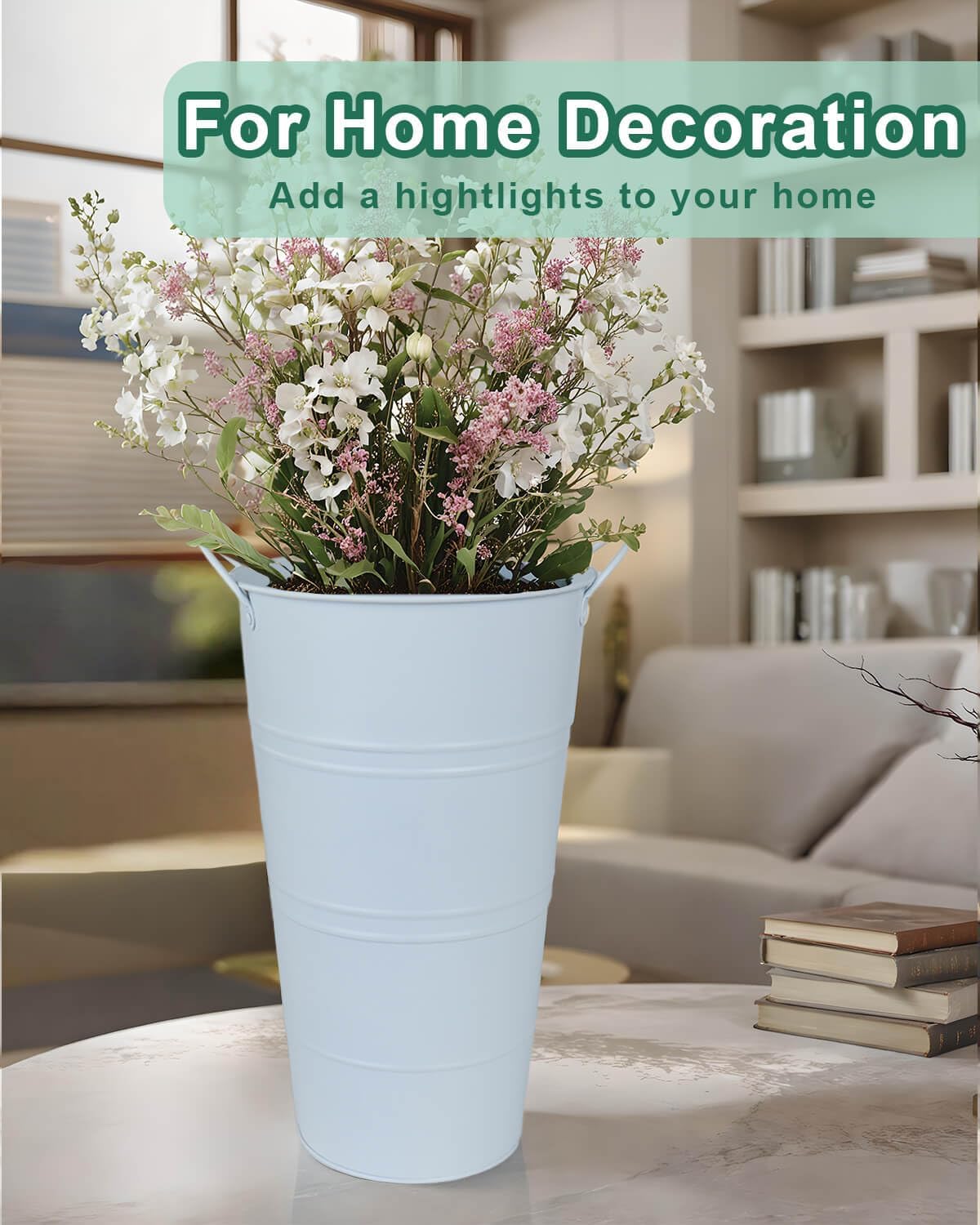 vensovo 12 Inch Galvanized Metal Vases for Flowers - 6 Pcs Farmhouse Decorative Tall Flower Bucket with Handles, Rustic French Tin Planter Buckets for Wedding Decor (Pure White)