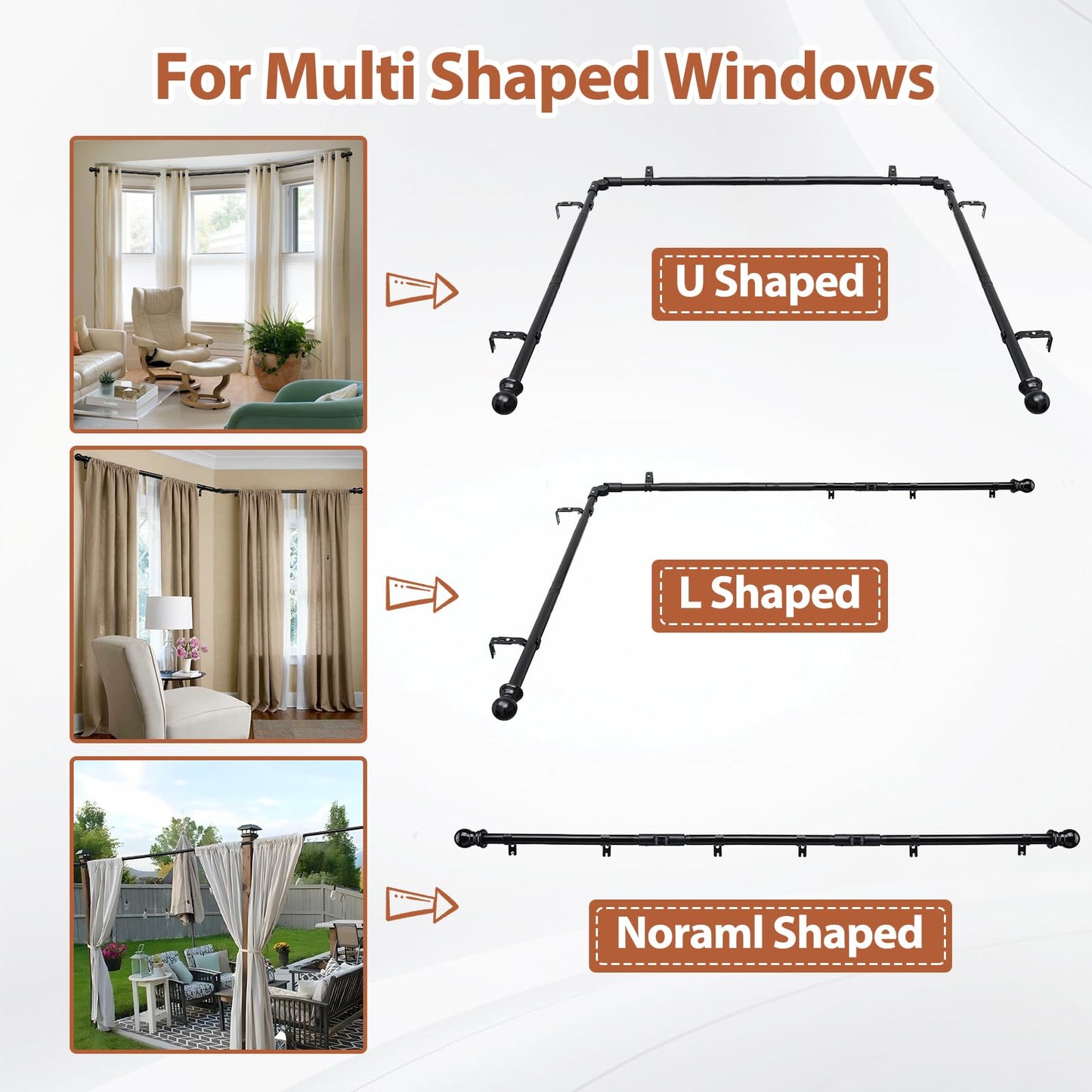 Bay Window Curtain Rods, 1 Inch Heavy Duty Metal U Shaped Corner Curtain Rod, 59-184” Adjustable Curved Curtain Rod for Bay Window Black