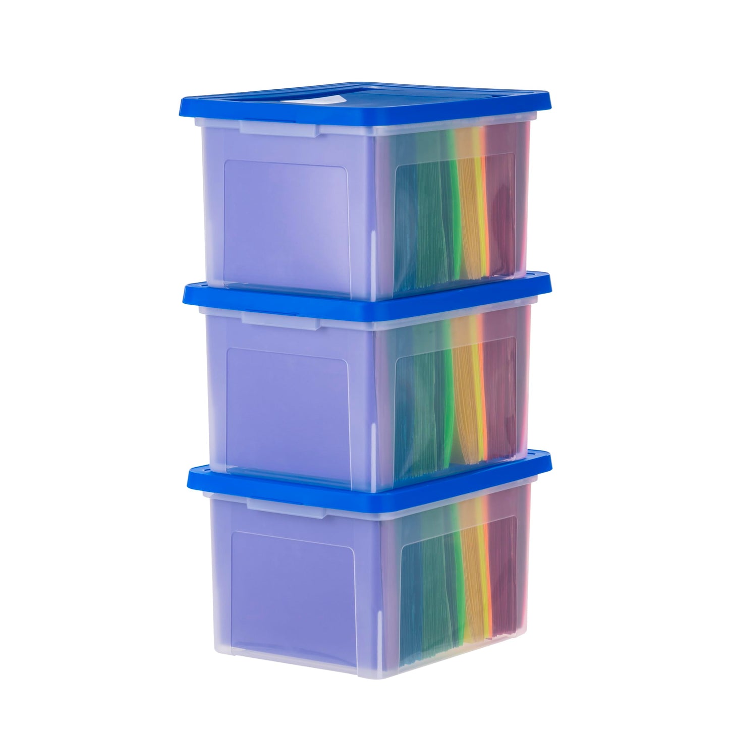 IRIS USA File Storage Box with Lid, Document Protection Box for Letter/Legal Files, Safety File Storage Container, Portable Stackable Filing Organizer, 35 Qt, 3 Pack, Clear/Blue