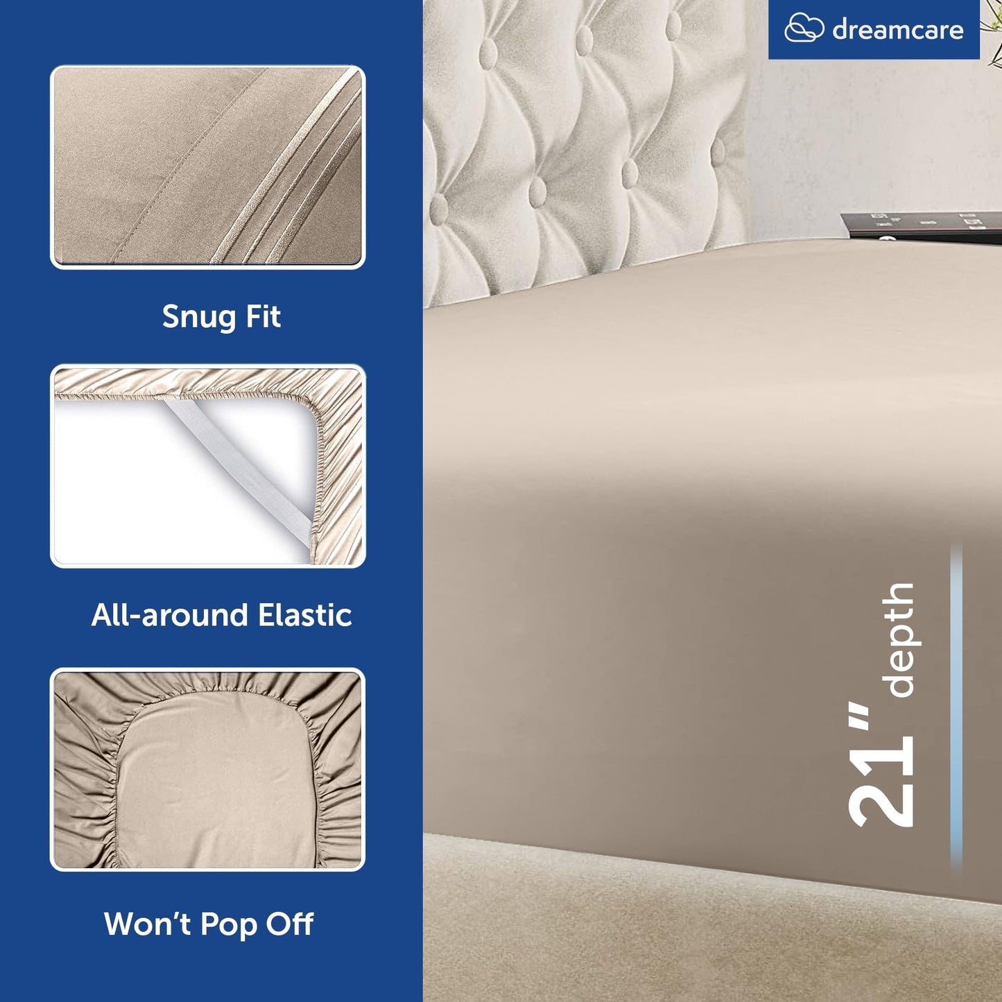 DREAMCARE King Size Sheets Set – 4 pcs Cooling Sheets – up to 21” Deep Pocket King Sheet Set – Hotel Luxury Sheets & Pillowcases – Superior Softness 100% Microfiber with Side Pocket - Beige