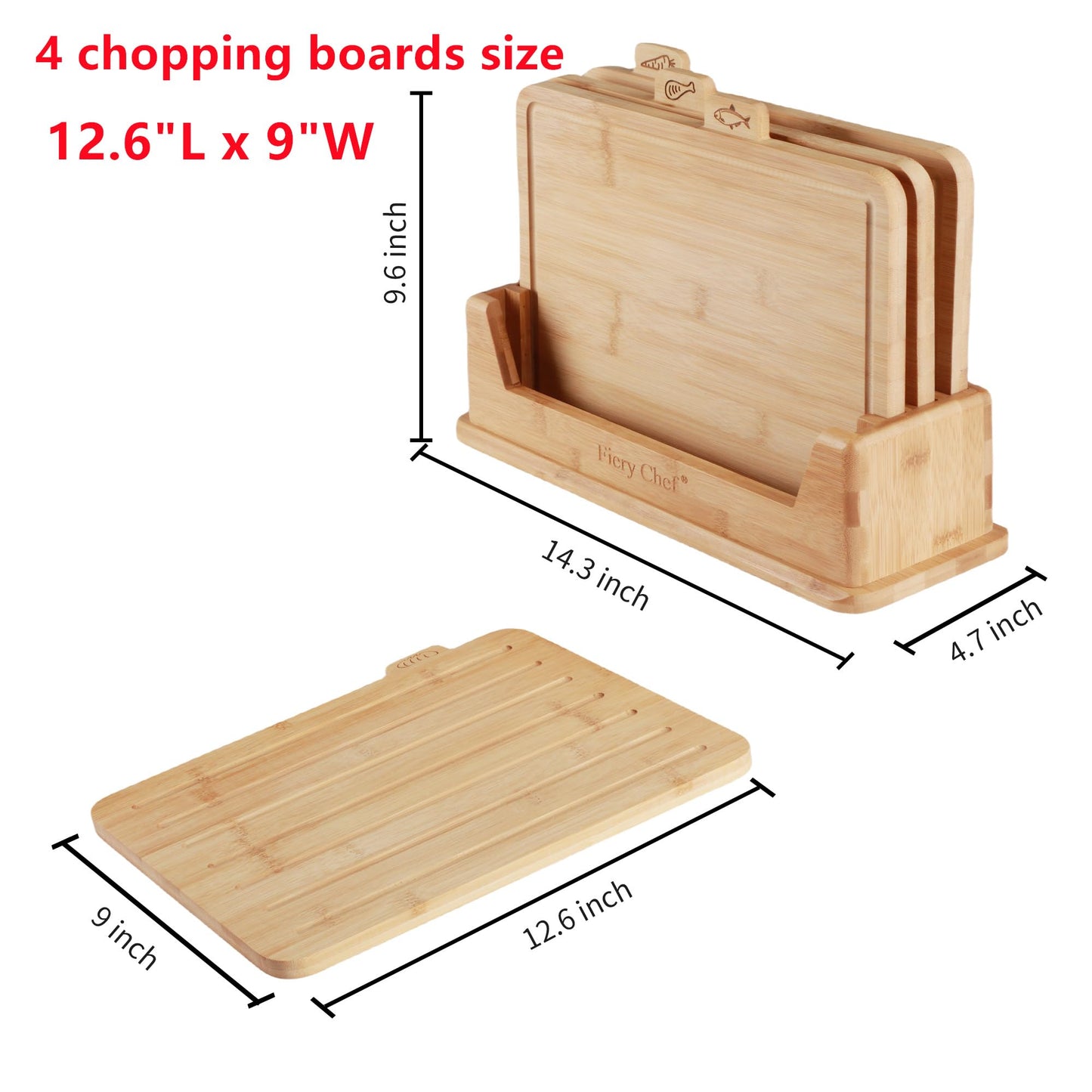 Fiery Chef 12.6"L x 9"W Bamboo Cutting Board Set of 4 - Wood Cutting Board Set with Holder, Chopping Boards Set with Food Icons, Juice Groove - Ideal for Meat, Fish, Bread, Vegetable, Fruit Chopping