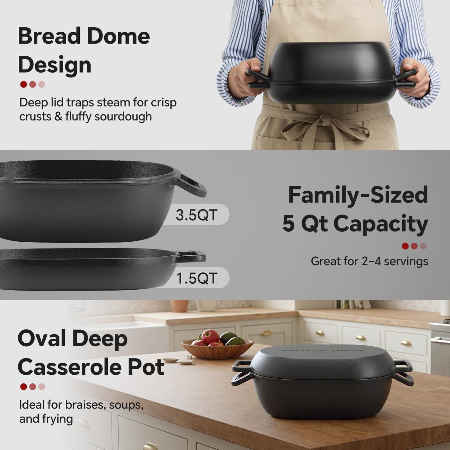 Northriver Casting 12"x8" Oval Cast Iron Dutch Oven for Bread Baking，Pre-Seasoned Combo Cooker with Lid, Perfect for Sourdough, Artisan Loaves & Family Meals,5 Qt