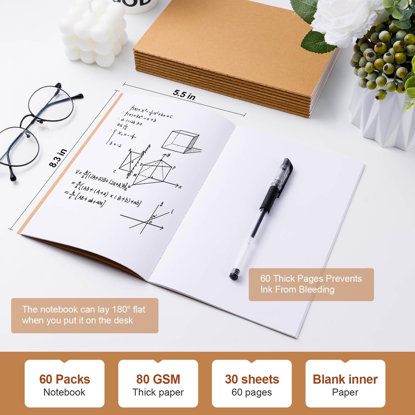 YGPHO 60PCS A5 Blank Kraft Notebooks Bulk, 8.3x5.5inch Unlined Paper Composition Notebook, 60 Pages Travel Journal Notebook Set for Work, School, Student,Kids and Writing