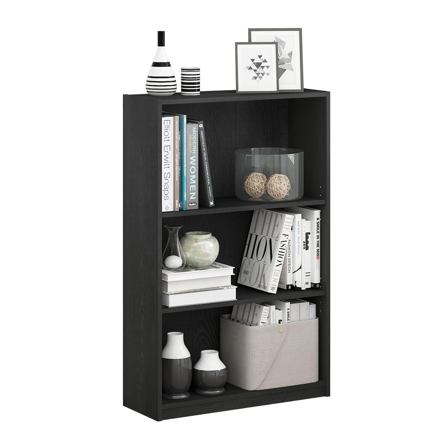 Furinno Jaya Book Shelf, 3-Tier Bookshelf, Bookcase with Adjustable Shelves, 9.5 x 24.5 x 40.3, for Organization and Storage, for Living Room, Bedroom, Home Office, Blackwood