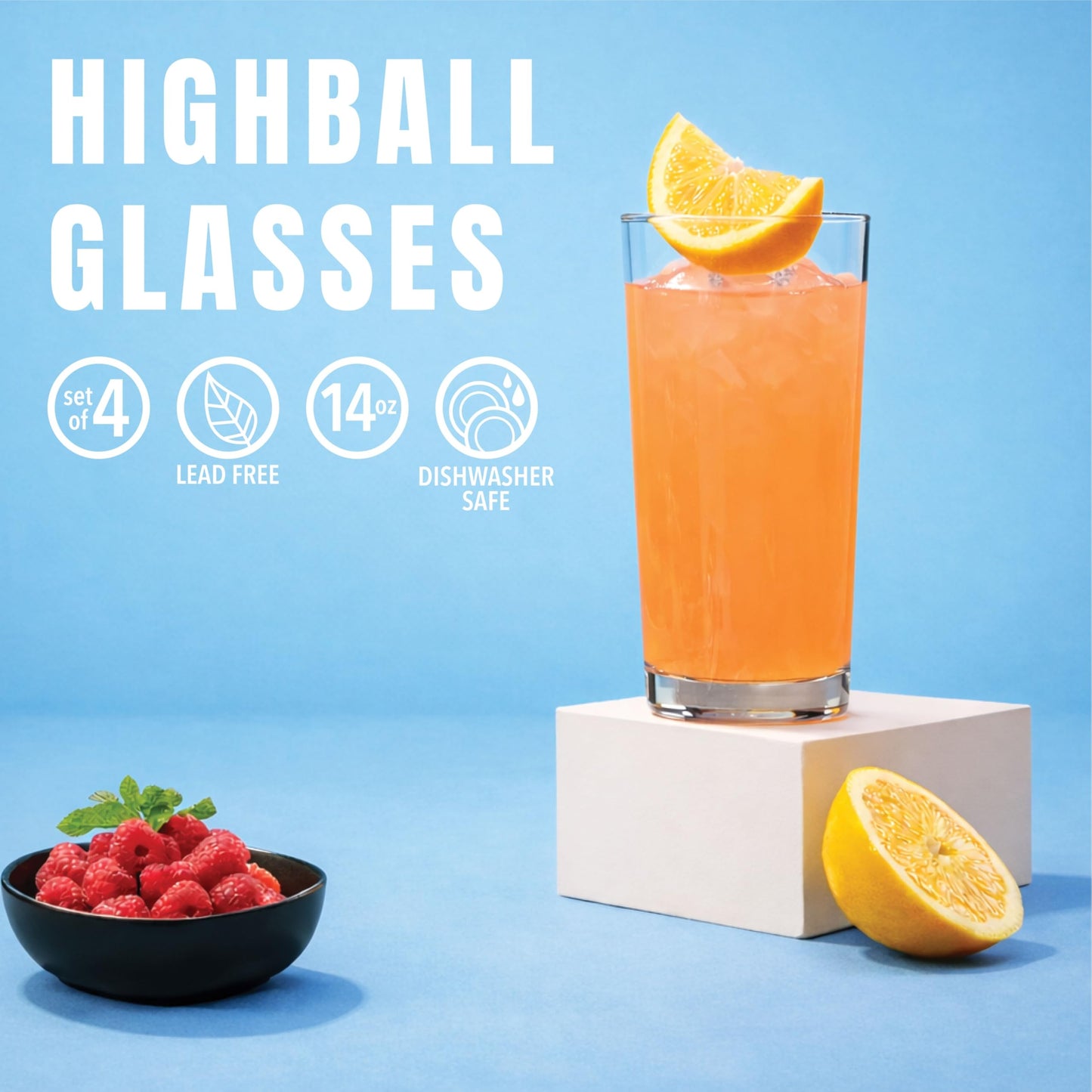 Godinger Highball Drinking Glasses, Italian Made Tall Glass Cups, Water Glasses Drinking Set, Cocktail Glasses - 14oz, Set of 4, Made In Italy