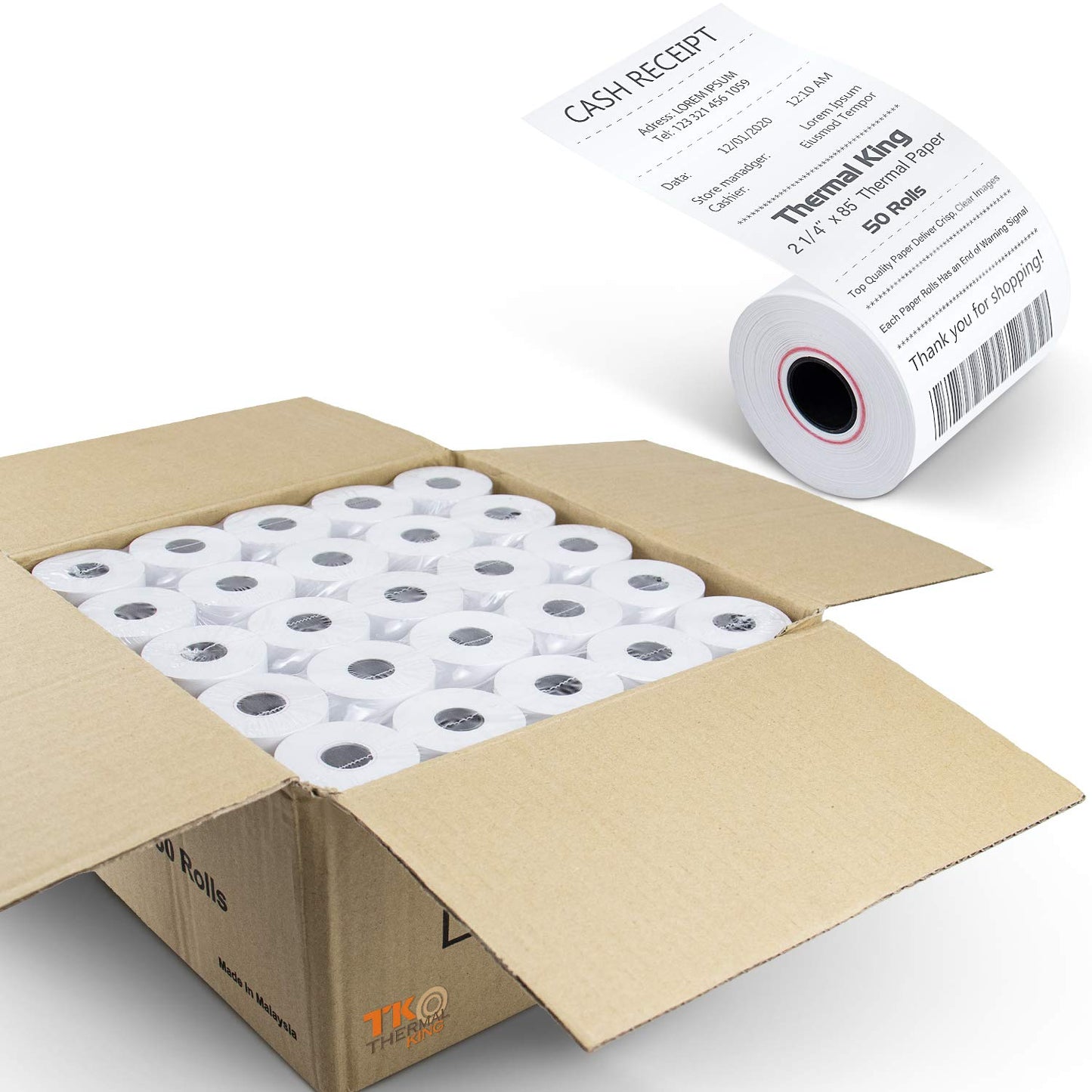 TK Thermal King, (50 Rolls) 2 1/4" x 85' Thermal Paper, POS Receipt Paper for Retail Business Cash Register, Fits Most Credit Card Terminal