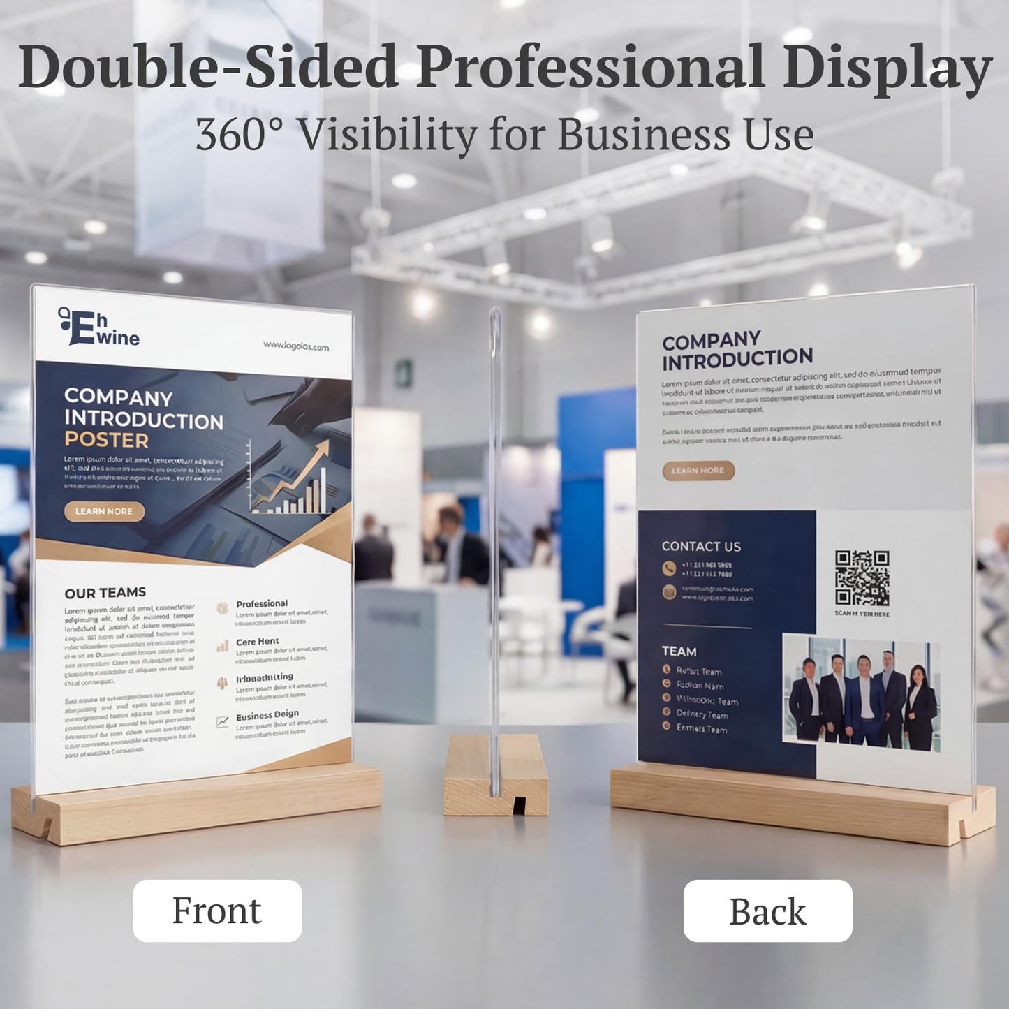 EHWINE 12 Pack 8.5 x 11 Acrylic Sign Holder with Wood Base, Double-Sided Clear Table Sign Holder with Non-Slip Pads, Vertical or Slant Back Display (L & T Shape), Menu Flyer Stand for Office, Retail, Restaurant