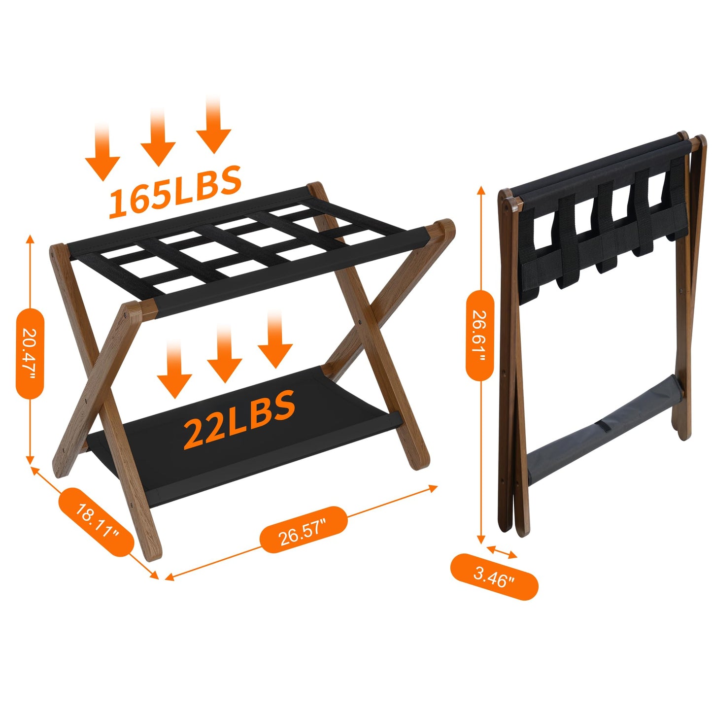 Heybly Luggage Rack, Folding Suitcase Stand with Storage Shelf, Luggage Holder with 5 Nylon Straps for Guest Room Bedroom Hotel, Walnut, HLR010WB1