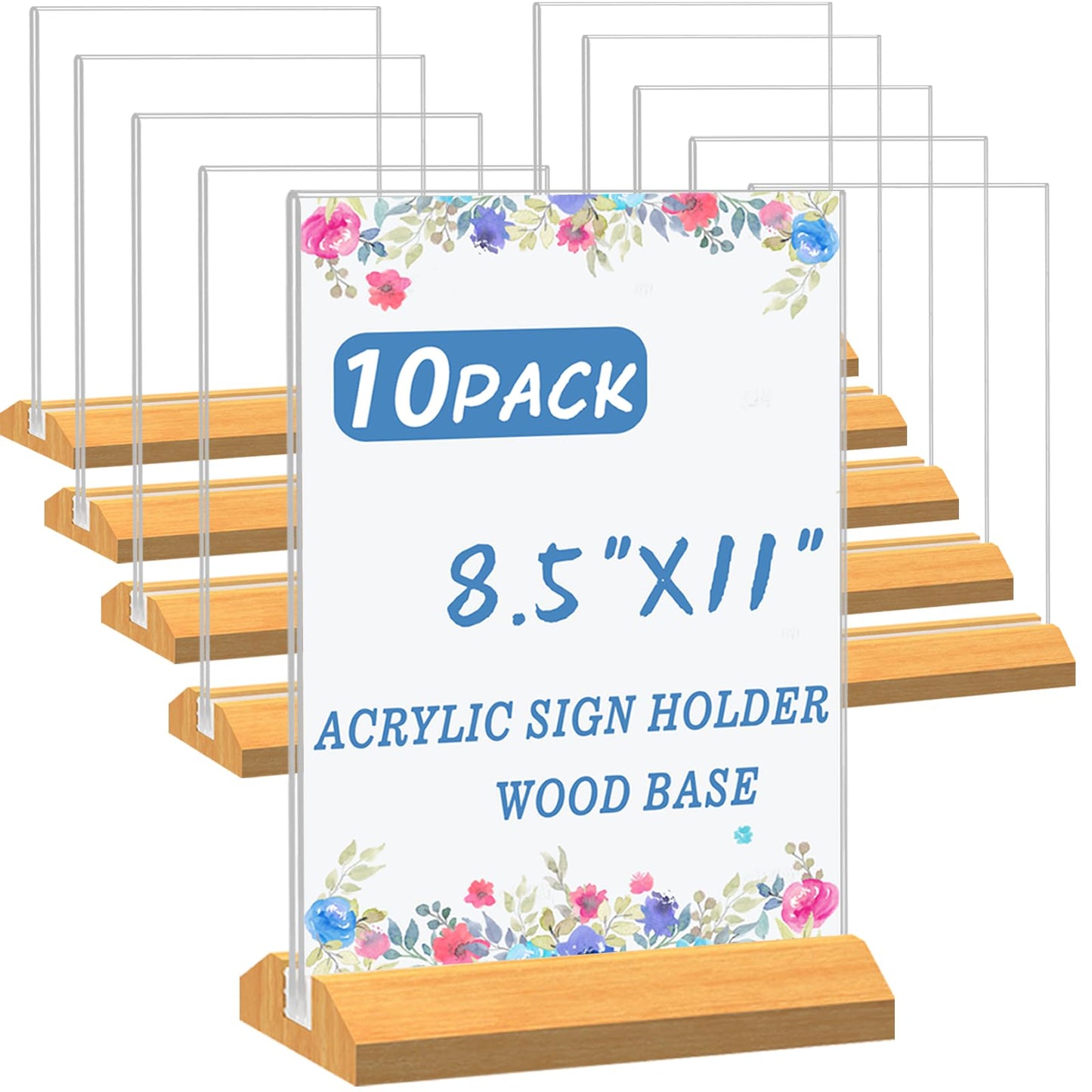 QLKGWEA 10 Pack Acrylic Sign Holder 8.5 x 11 Inch with Wood Base,Signs Stand for Menu Flyer Display, Table Clear Plastic T Shape Holder for Stores, Restaurants, Hotels, Office