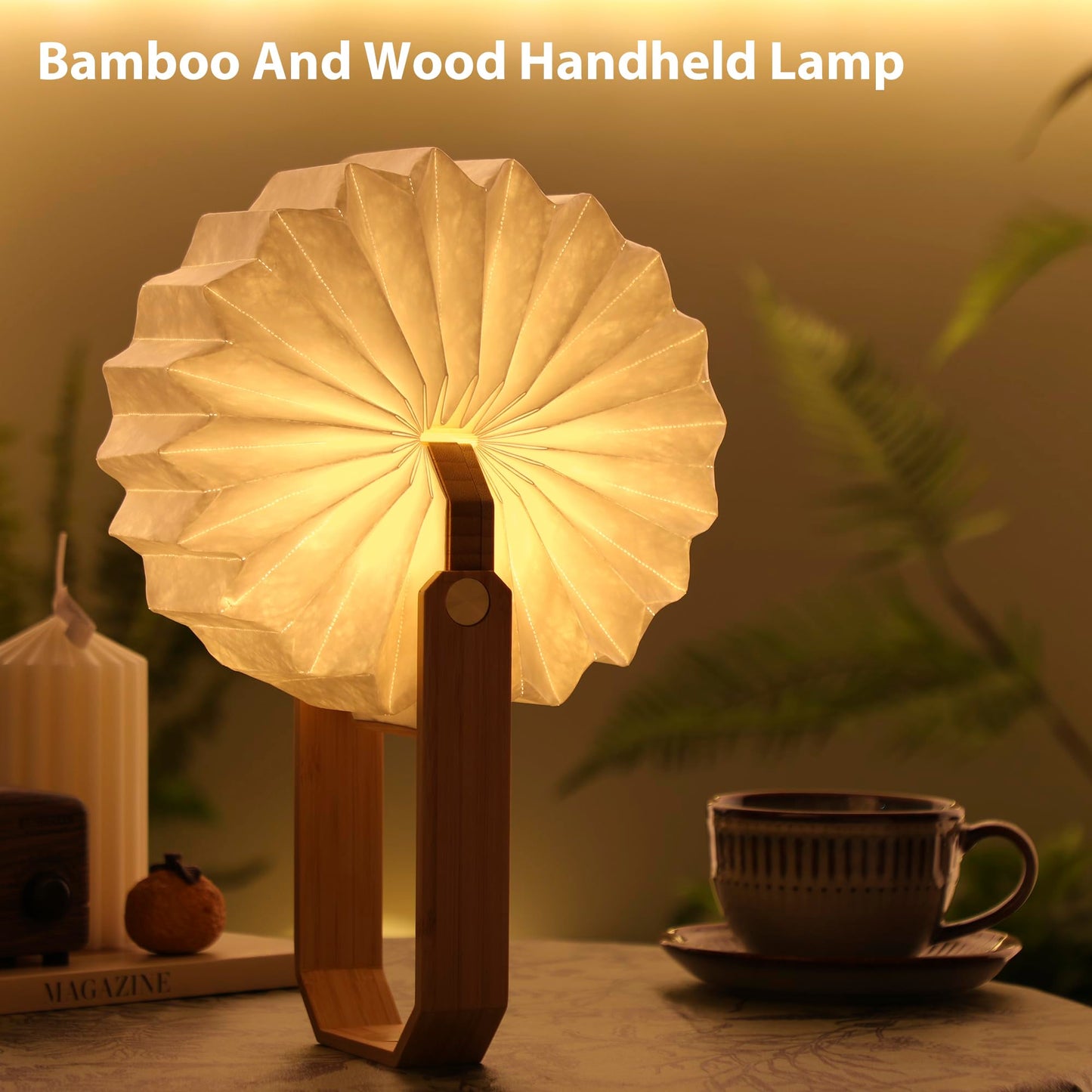 ZBOLE Foldable Japanese Style Lantern, 1200mAh Rechargeable, 4-6H Runtime, 2-in-1 Handheld & Table Lamp, Soft Warm Light, Outdoor Camping Travel Gear, Home Decor & Gift (Bamboo)