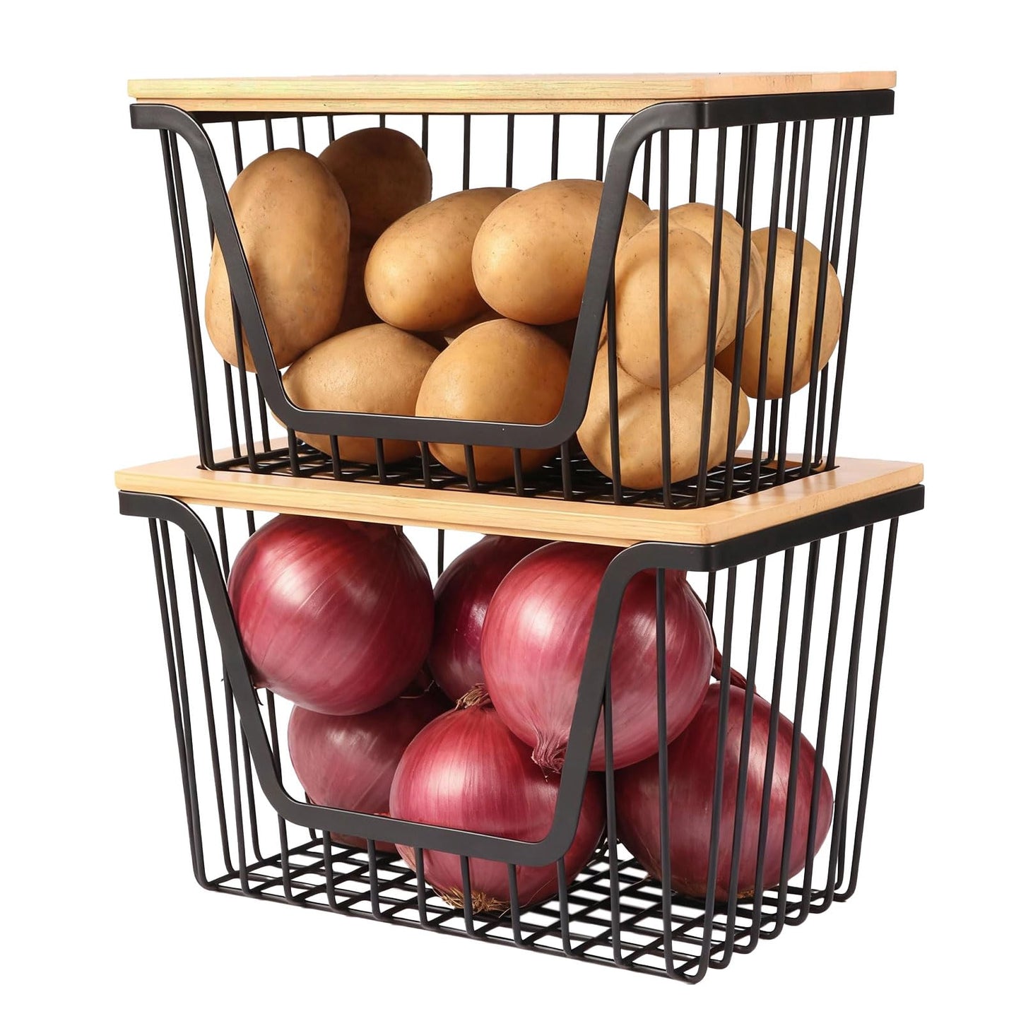 2 Pack Onion and Potato Storage Bins, Stackable Pantry Organizers Storage, Large Wire Storage Basket for Onion, Potato, Fruit, Vegetables