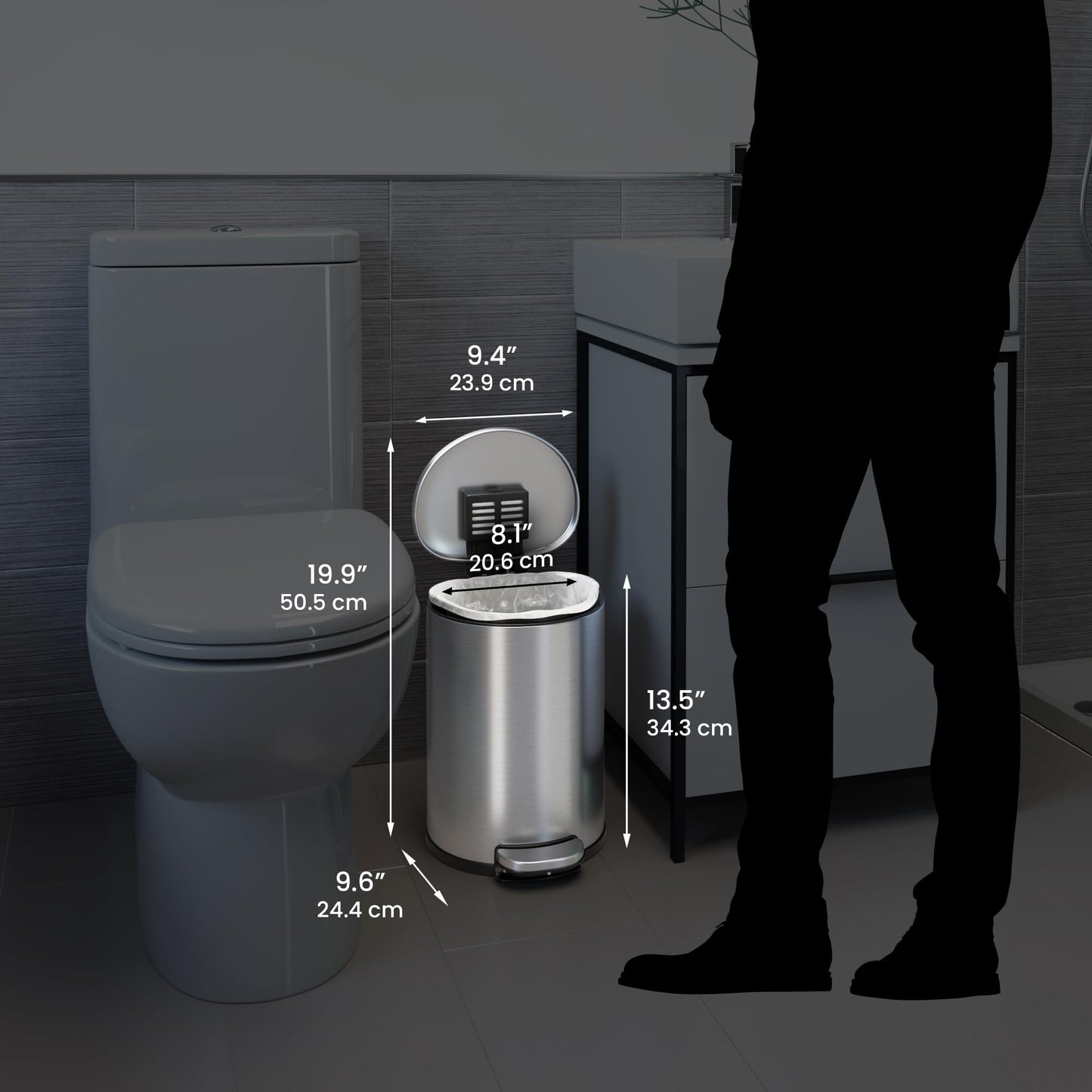 iTouchless SoftStep 2 Gallon Small Semi-Round Bathroom Step Trash Can with Removable Inner Bucket and AbsorbX Deodorizer, Stainless Steel, 7 Liter Pedal Garbage Bin