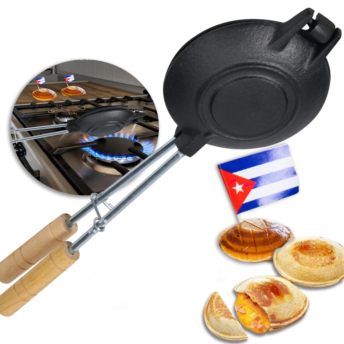 Disquera de Pan Cubano Redondo (1 Unit) – Cast Iron Cuban Sandwich Press for Disco Volador Para Sandwich – 15” Traditional Sandwich Maker with Wooden Handles
