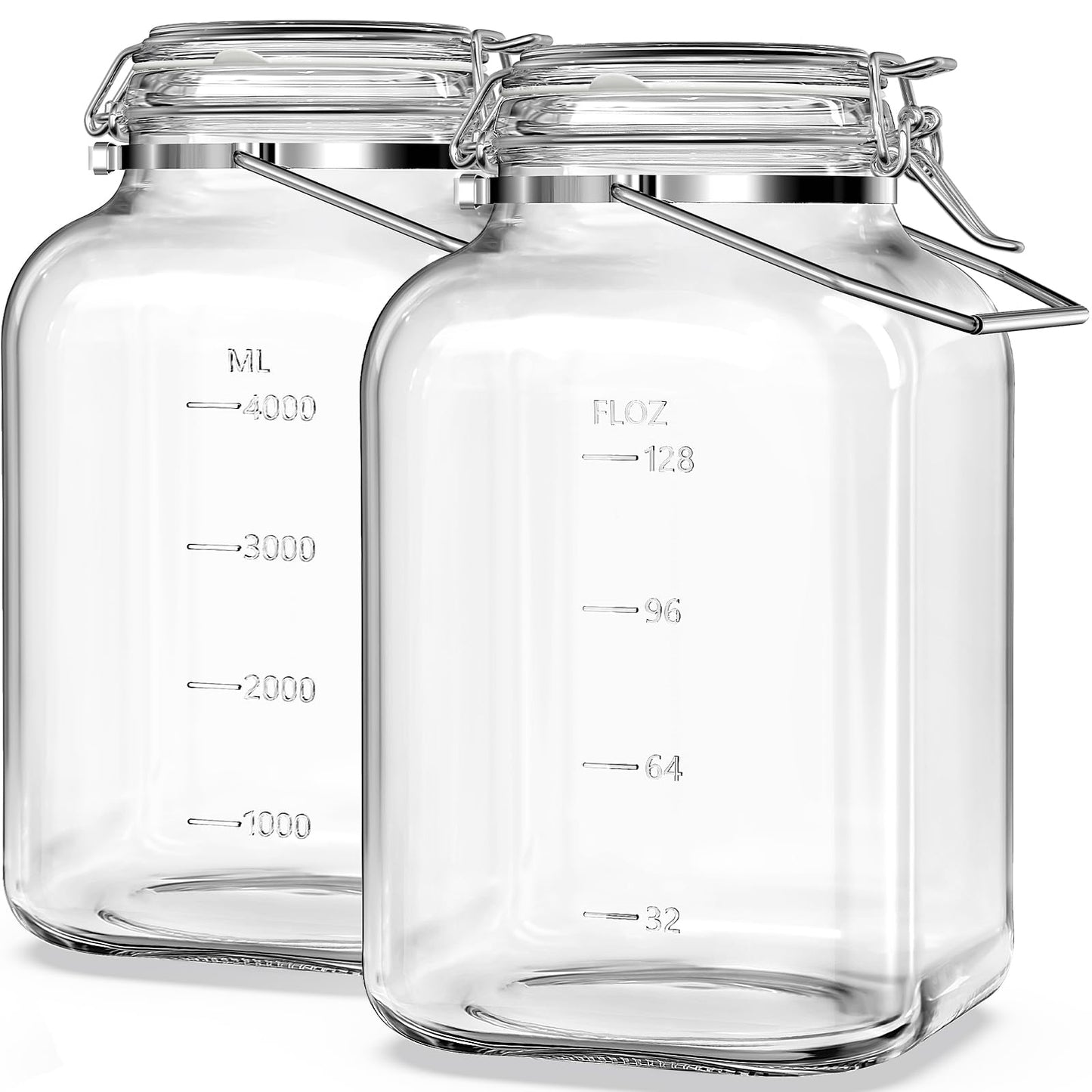 Folinstall 2 Pack 1.5 Gallon Glass Jar with Airtight Lid, 192 oz Square Wide Mouth Mason Jars with Stainless Steel Handle, Large Glass Storage Containers for Canning, Flour, Sugar, Rice, Pickled Eggs