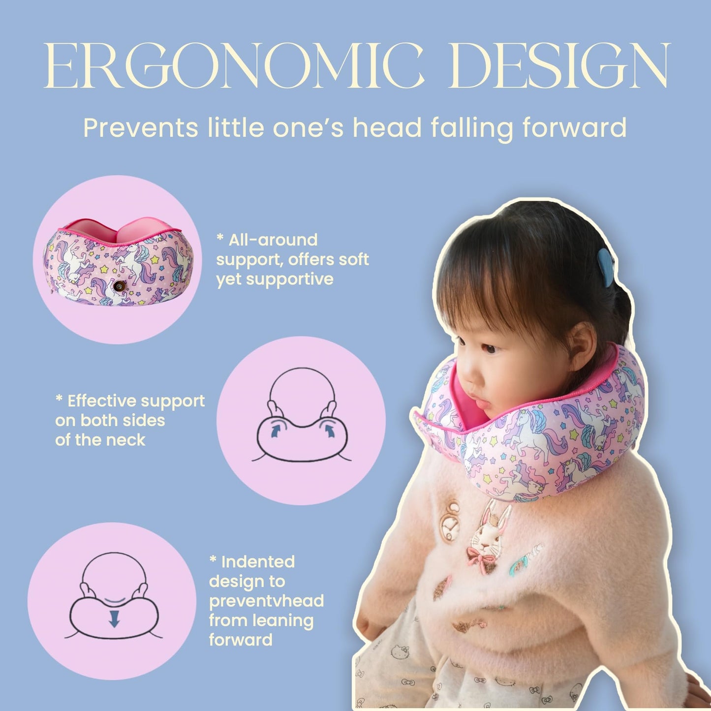 SKYTRAX® Certified Kids Safe Memory Foam Travel Neck Pillows for Kids and Toddlers, Cute Cartoon Design, Car Seat & Airplane Head Neck Support, Adjustable Snap Buttons, Washable Soft Cover (Unicorn)