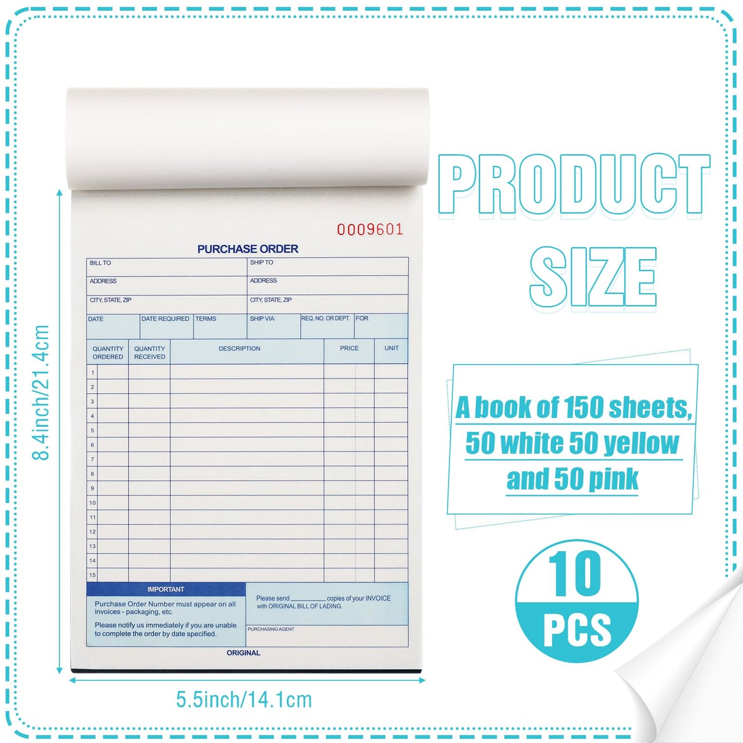 Lincia 10 Pack Purchase Order Book 3 Part Carbonless Purchase Order Forms for Small Business with Carbon Copies Cover, 50 Sets Per Book, 8.4 x 5.5 Inch