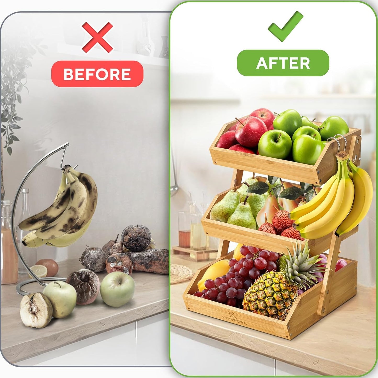 KOMFORA Bamboo Fruit Basket 3-Tier - Premium Produce Basket for Kitchen w/ 2 Hangers - Durable & Easy to Assemble Stand for Countertop - Perfect Holder for Vegetables, Bread, Snacks & More