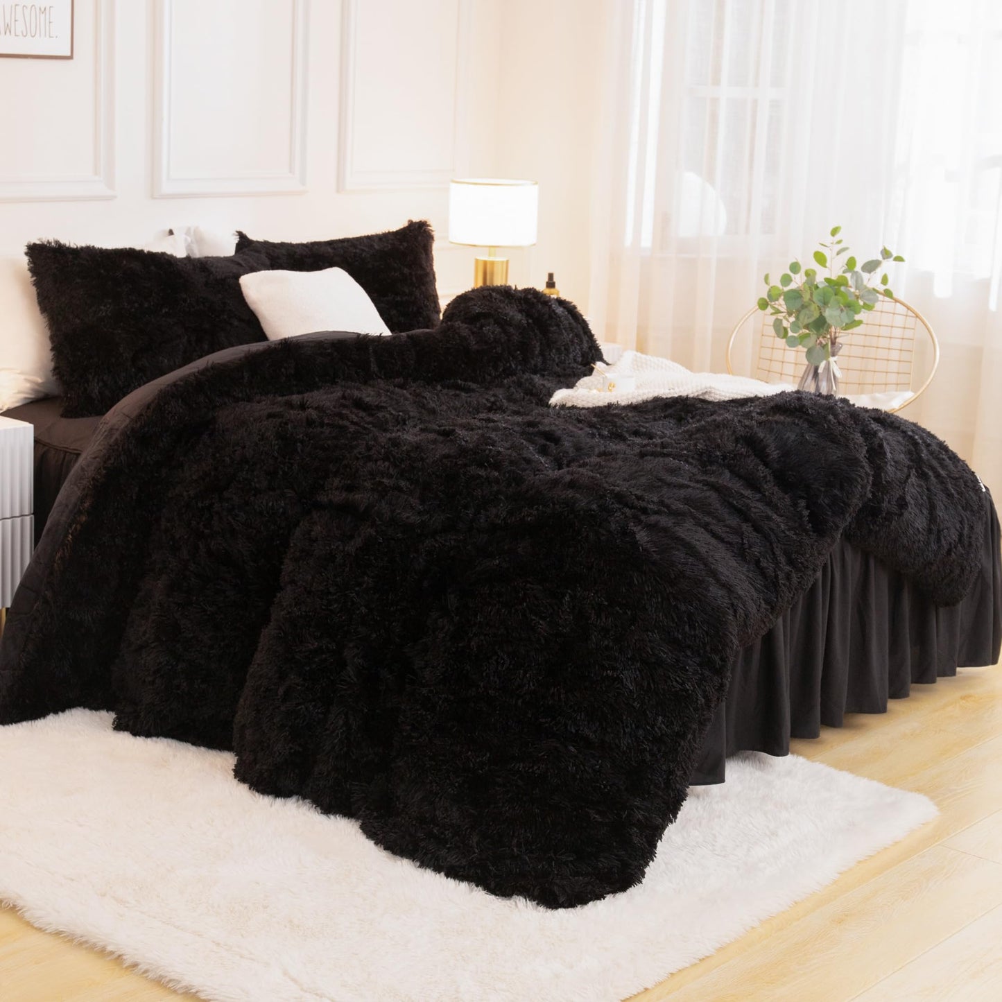 Andency King Size Comforter Set Black, Fluffy Winter Faux Fur Warm Soft Plush Bedding Comforter Set (1 Velvet Comforter & 2 Pillowcases), Fuzzy Thick Heavy Puffy Comforters Bed Set