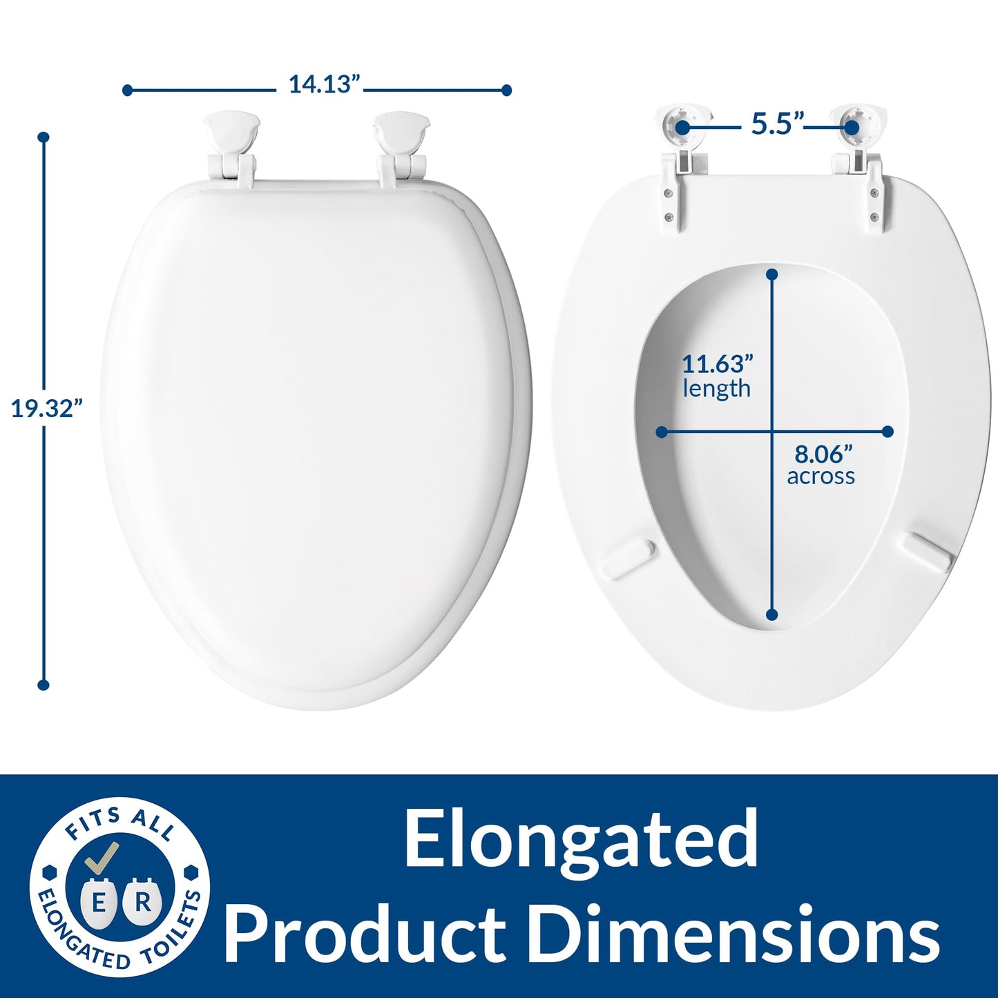 Mayfair Padded Toilet Seat, Cushioned Soft Vinyl over Wood Core Seat, Secure Hinges, Easy Clean, Made in USA, Elongated, White