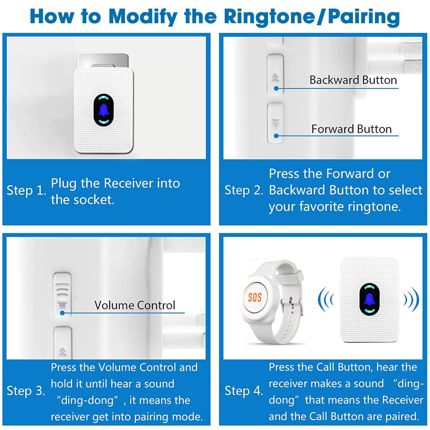 Daytech Wireless Wrist Pager Caregiver Call Button in Home System Watch Alarm Nurse Personal Help Alert for Patients Elderly 1 Watch Call Button 2 plugin Receiver