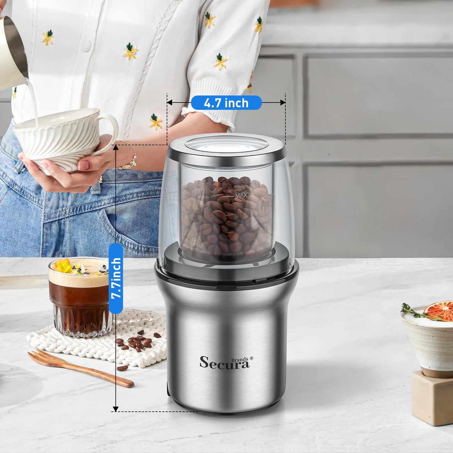 Secura Brands Coffee Grinder Electric Spice Herb Seeds Grinder with Two Glass Bowl, Dry and Wet Grinder
