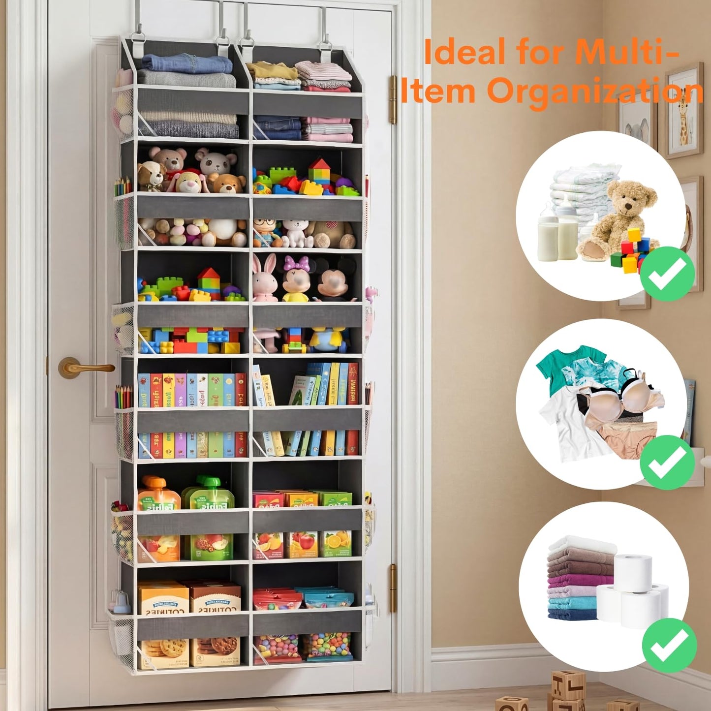 Over the Door Organizer 6 Tiers, Extra Large Behind Door Storage of 12 Compartments, 80 lbs Weight Capacity Hanging Storage Organizer with Clear Window Kids Toys, Shoes, Diapers, Room storage