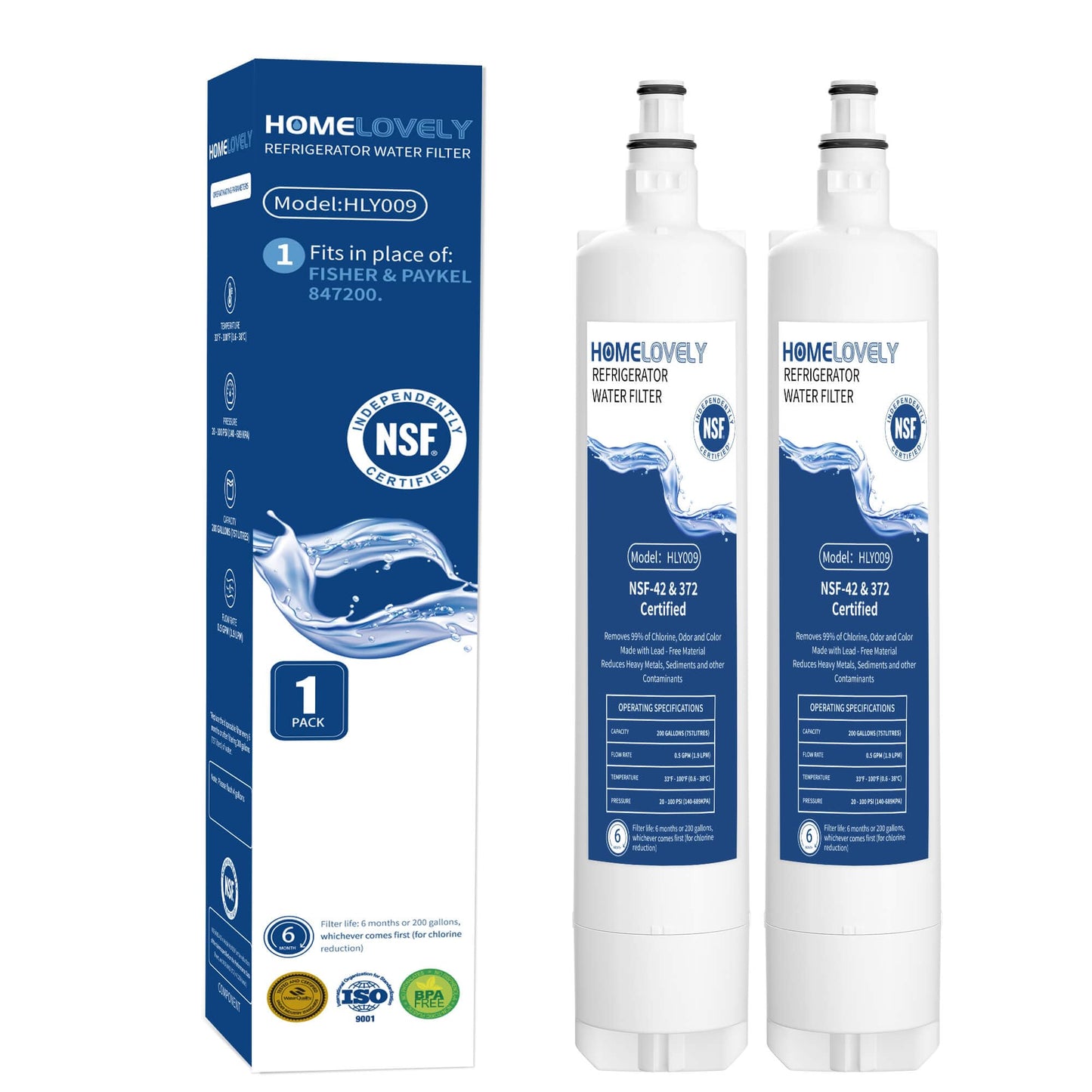 HOMELOVELY 847200 Water Filter Replacement for Fisher & Paykel 847200, 847200-WF, RF201AHUSX1, Compatible with Fisher & Paykel Model Number E522, E422, E402 (2 Pack)