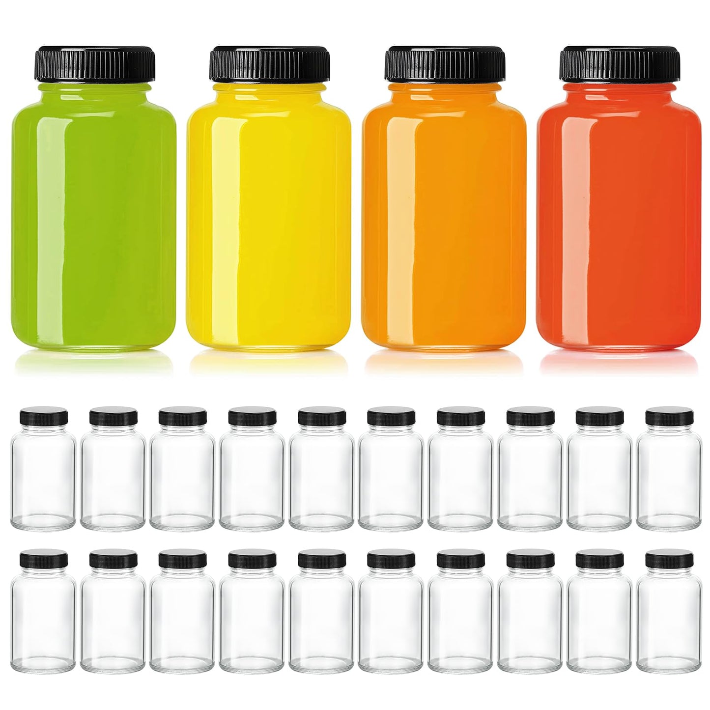 KEYWING 24 Pack 4oz Juice Shot Bottles with Caps- Small Glass Jars for Ginger，Wellness Shots,Whiskey - Travel mini Reusable Wide Mouth Clear bottles- Leakproof, Dishwasher Safe.
