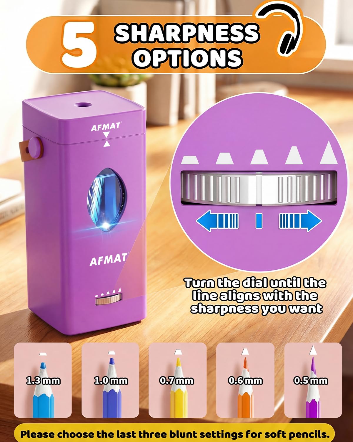 AFMAT Electric Pencil Sharpener, Fully Automatic Pencil Sharpener for 6-12mm No.2/Jumbo Pencils, Auto in & Out, 5 Sharpness Modes, Rechargeable Heavy Duty Sharpeners for Classroom/Home/Office PSC7