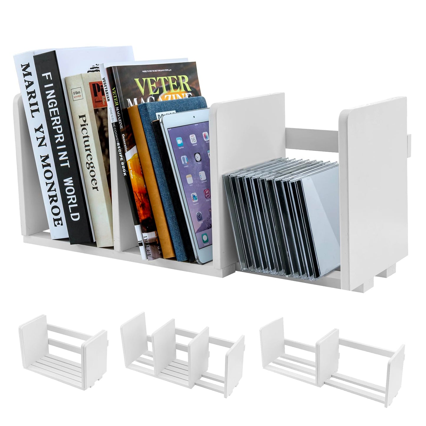 MyGift White Wood Desktop Bookshelf Organizer, Expandable Adjustable Display Shelf Book Rack