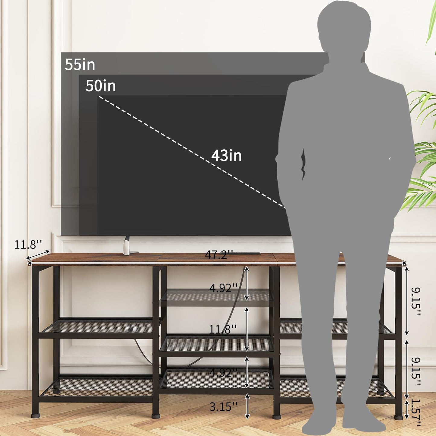 YGEOMER TV Stand for Living Room TVs Up to 55 Inches, Entertainment Center with Power Outlet and LED Lights Open Storage Shelves, TV Console for Bedroom, Rustic Brown