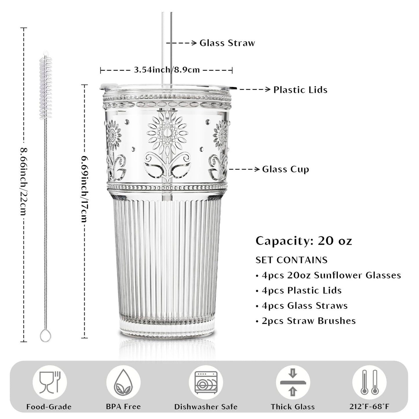 INSETLAN 20 oz Sunflower Glass Cups with Lids and Straws, Set of 4, Elegant Iced Coffee Cups for Coffee, Matcha, Smoothies, Juice, Cocktail and More, Leak-Proof Glass Tumbler for Daily Use and Travel