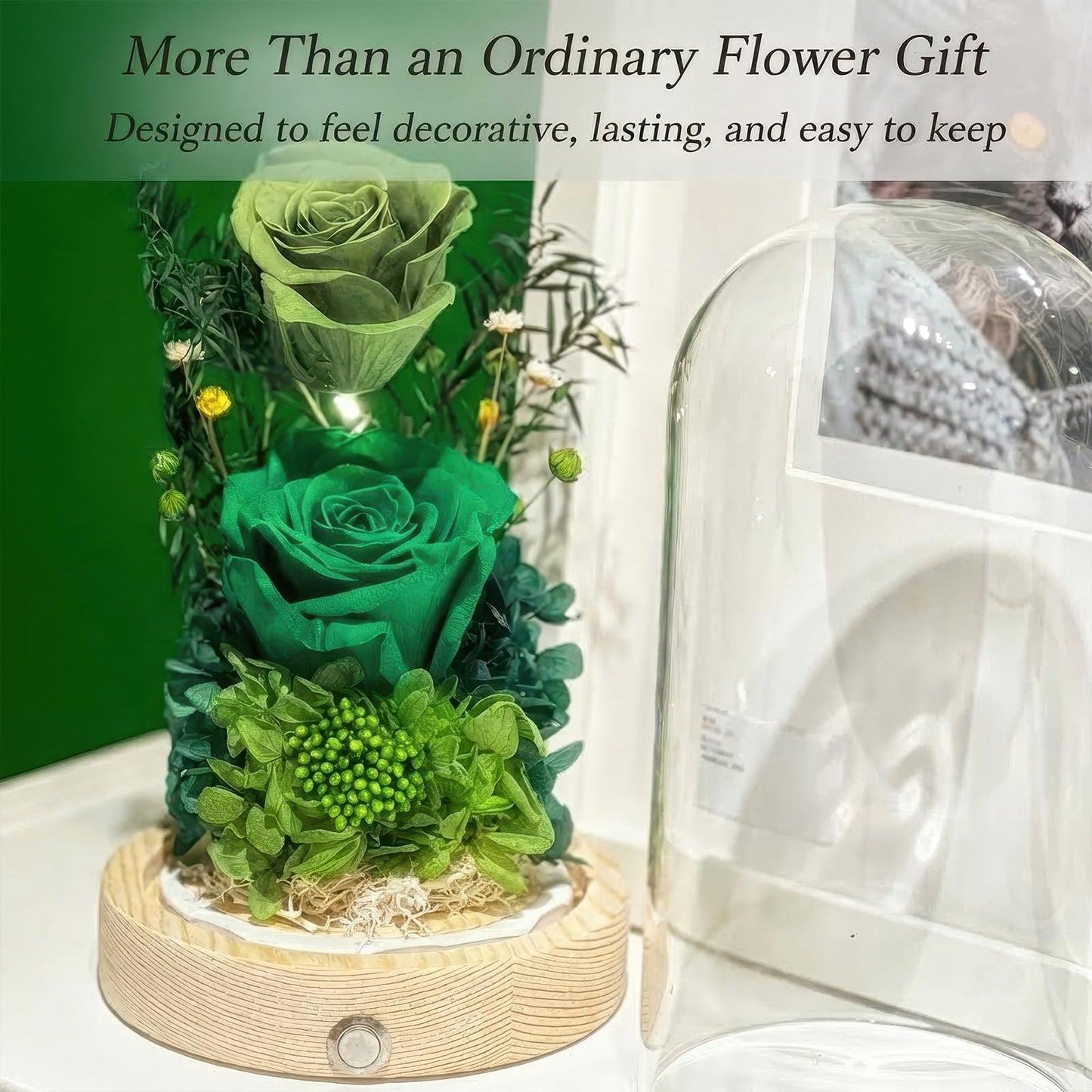 Regalo Flor Preserved Flowers Gifts for Women, Green Preserved Roses in Glass Dome, Real Roses Flower Arrangement, Forever Flowers for Mom, Birthday Gifts for Women, Flowers for Delivery Prime